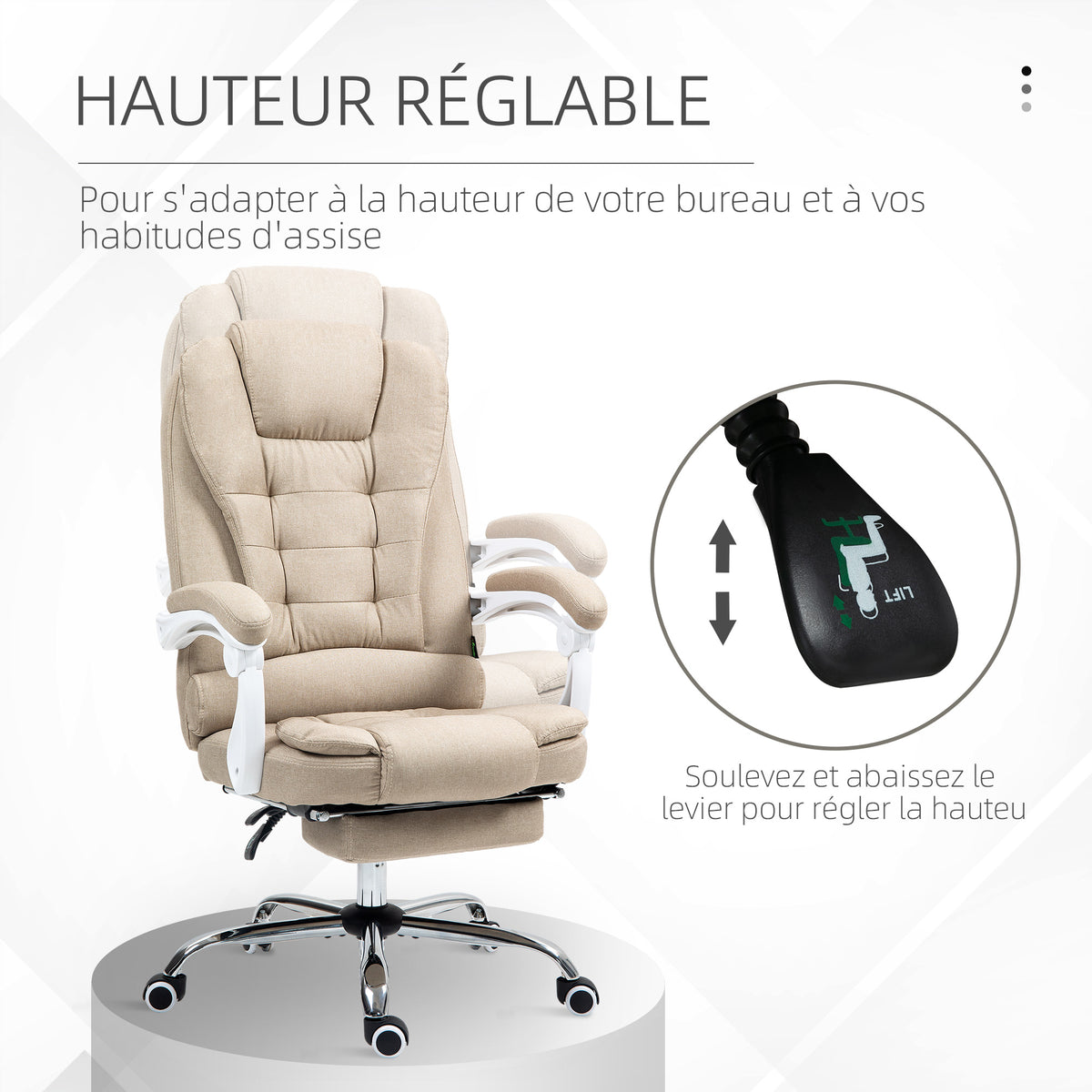 Fauteuil de bureau manager chaise pour ordinateur avec repose-pied dossier inclinable accoudoirs rembourrés en lin beige