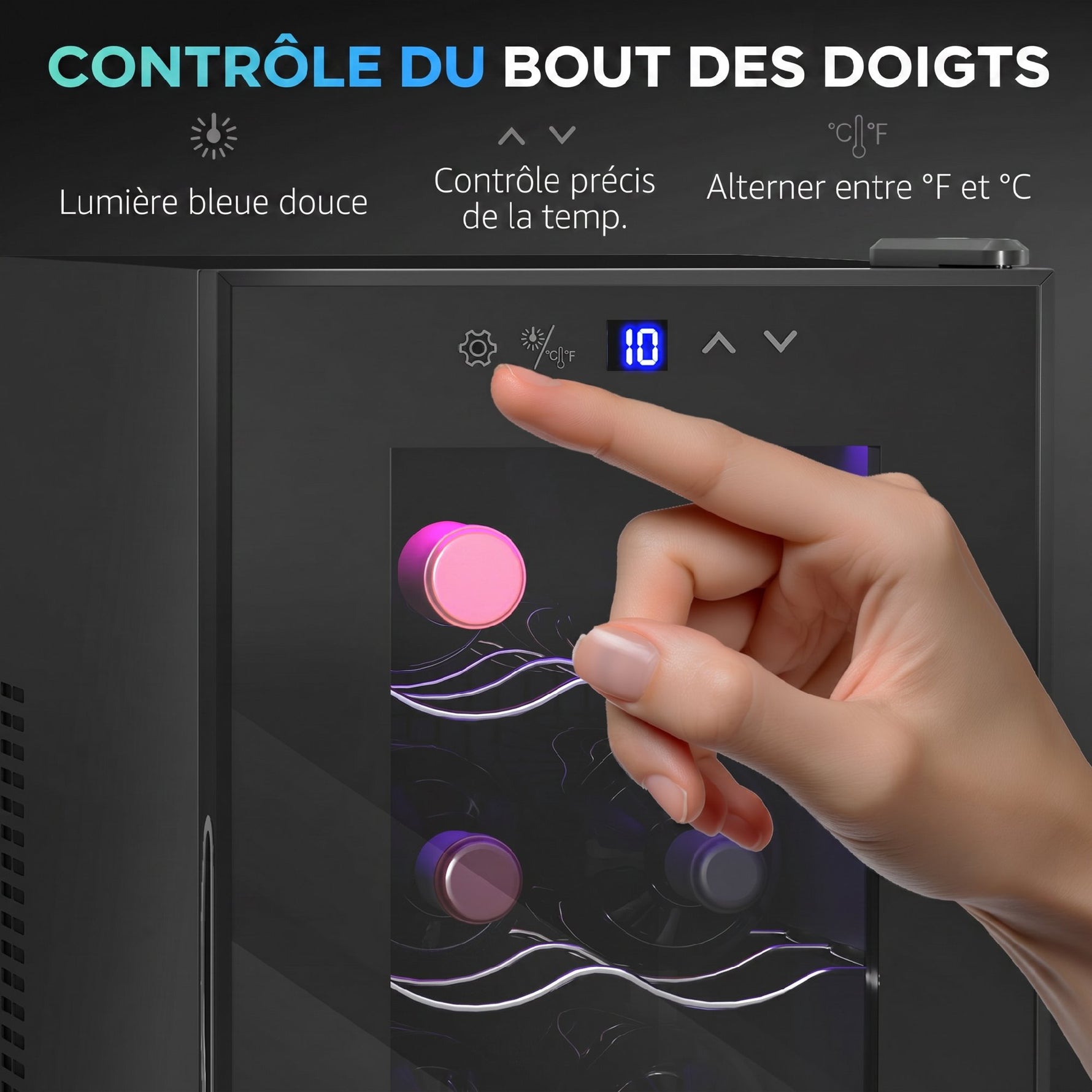 Cave à vin 8 bouteilles 21L, réfrigérateur à vin et boissons avec température réglable 8-18°C, porte en verre, noir