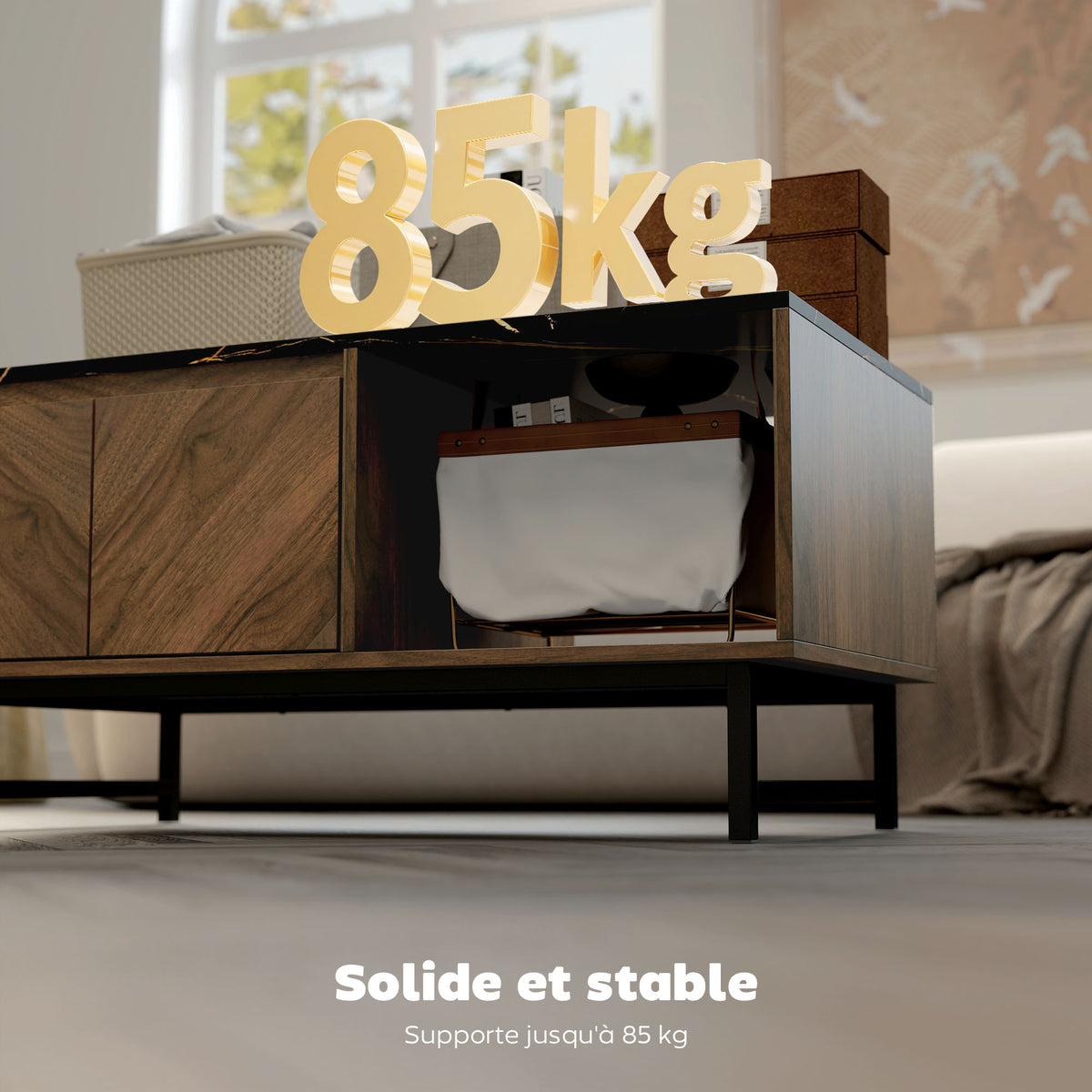 Table basse, table de salon, plateau effet marbre, 2 portes et 2 niches ouvertes, 100 x 50,8 x 45,7 cm, noyer