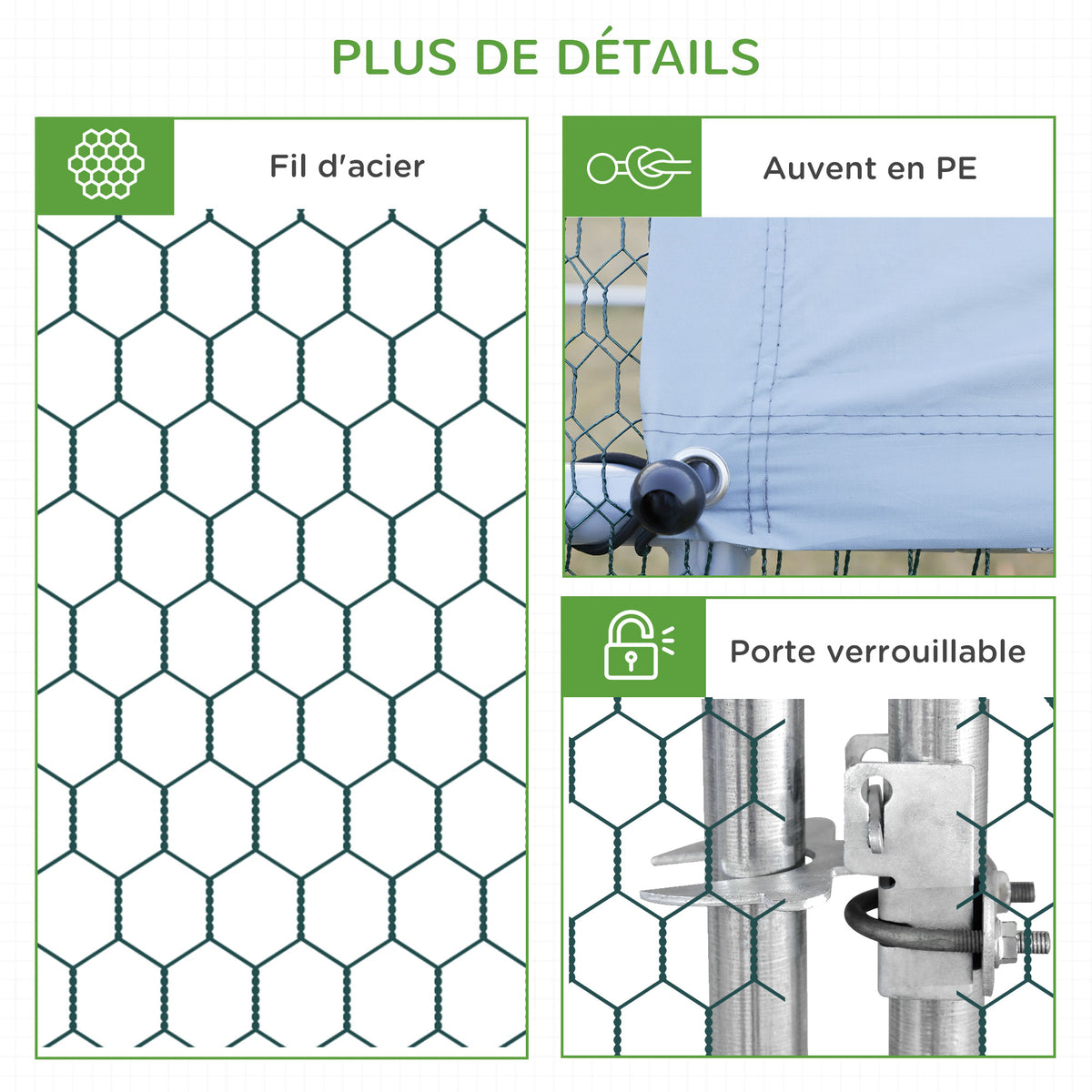 Enclos poulailler chenil volière extérieur 24 m² - Parc grillagé dim. 3L x 8l x 2H m - Espace Couvert - Acier galvanisé
