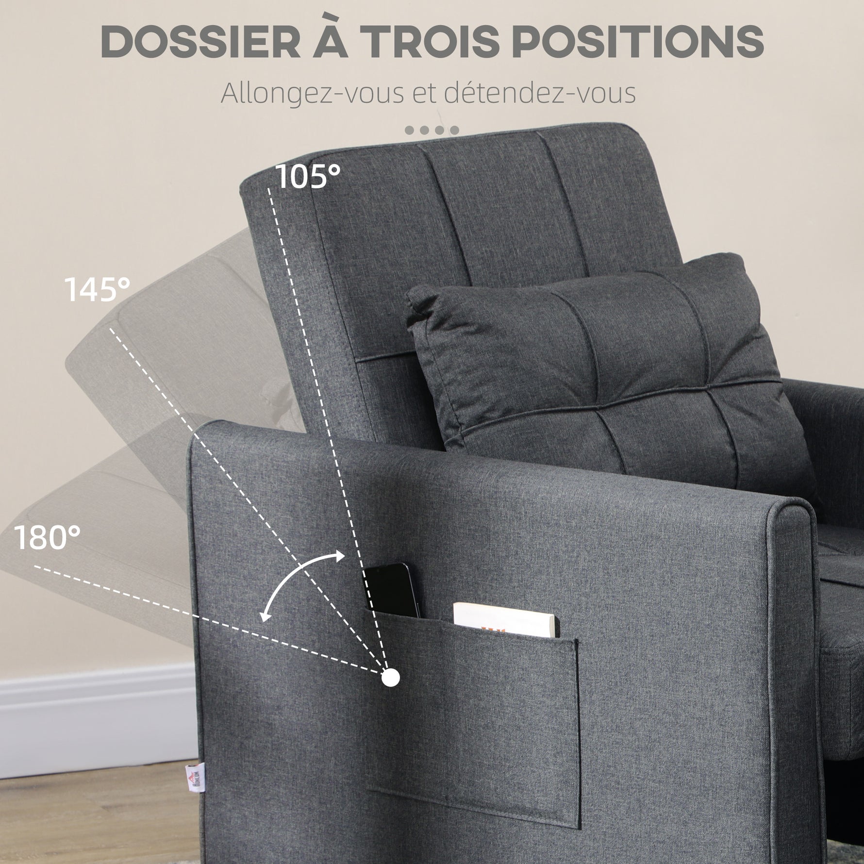 Fauteuil convertible 1 place 3 en 1 dossier réglable en 3 positions oreiller inclus 2 poches latérales 69x82x85cm gris