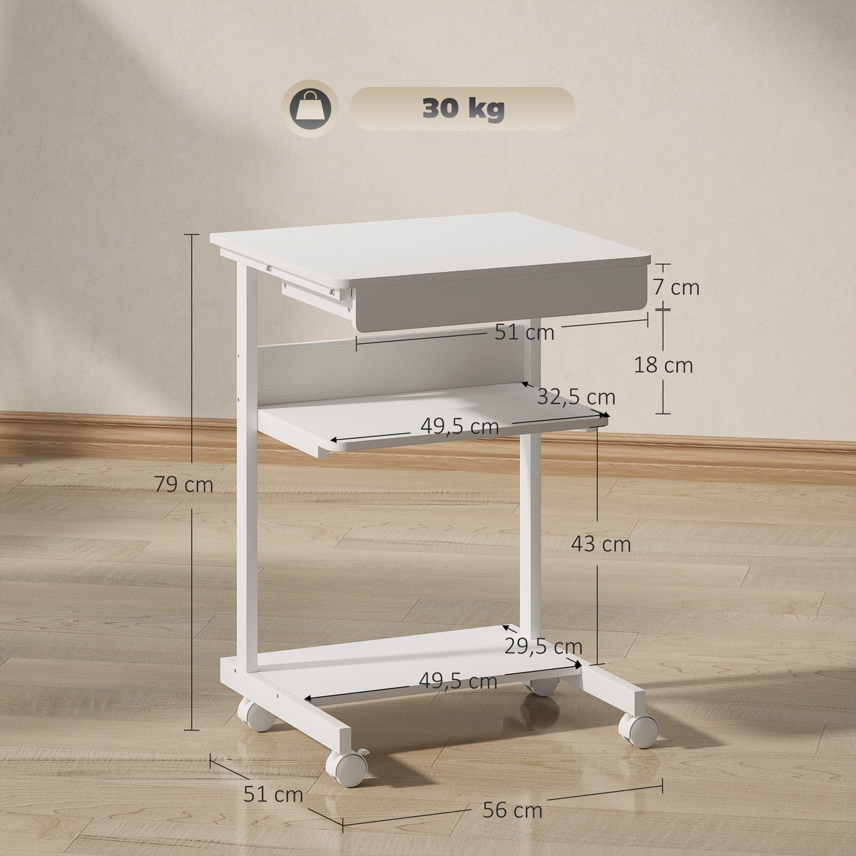 Bureau d'ordinateur sur roues, bureau avec rangement 56 x 51 cm avec tiroir, compartiment et support CPU, blanc