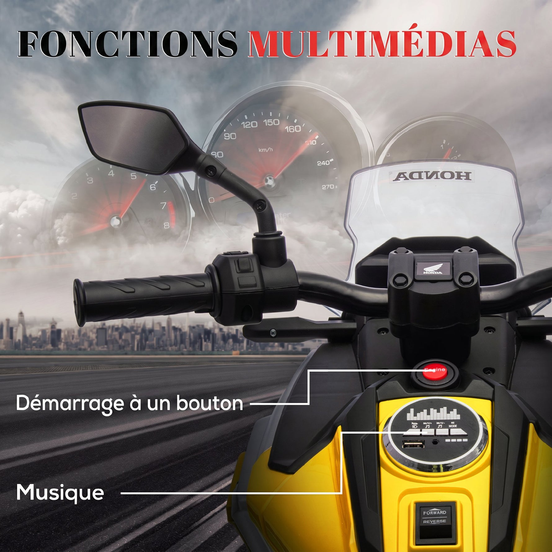 Moto électrique pour enfants moto porteur Honda pour enfants 3 à 6 ans avec musique, phares jaune