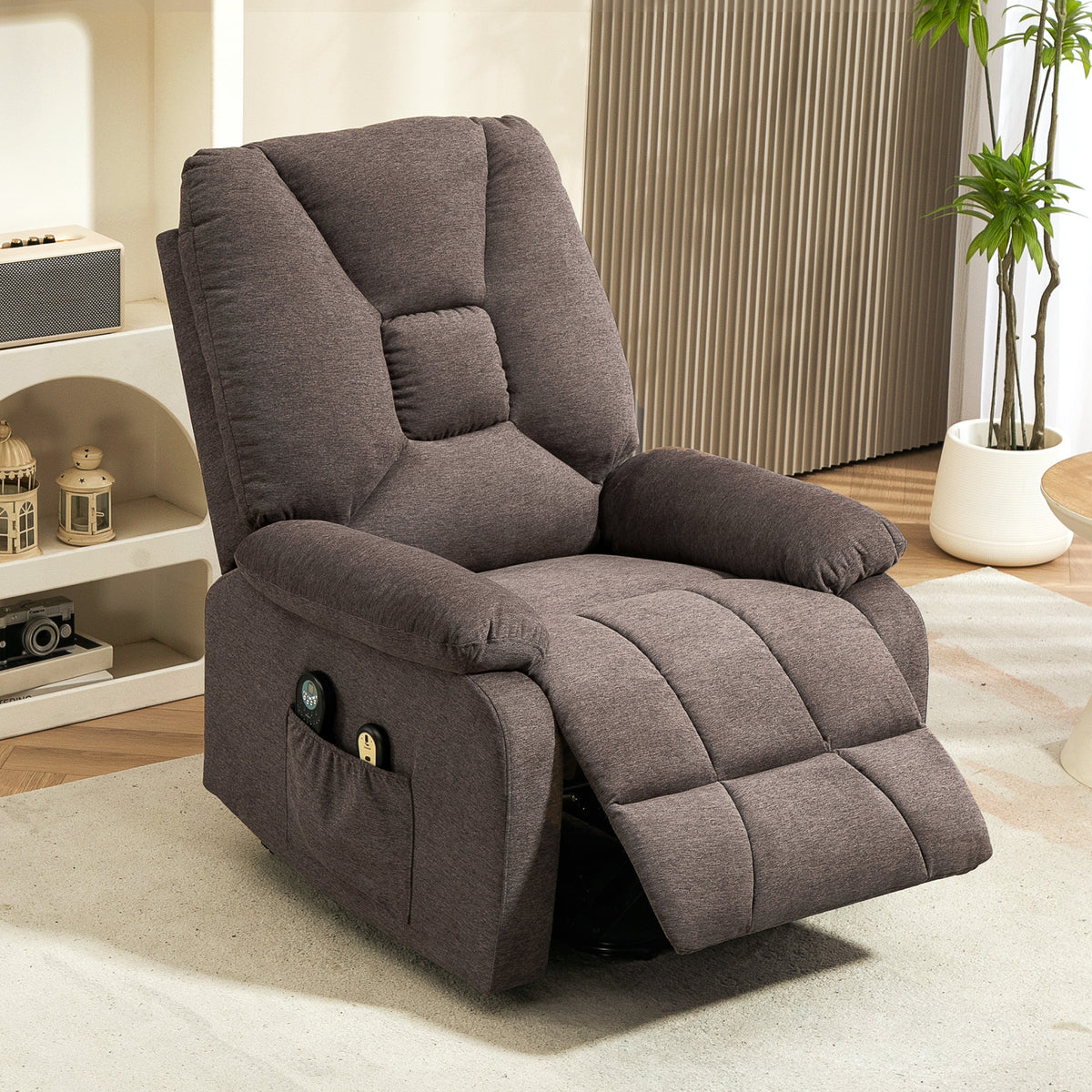 Sillón relax eléctrico reclinable con reposapiés y mando a distancia, tela de poliéster aspecto lino marrón