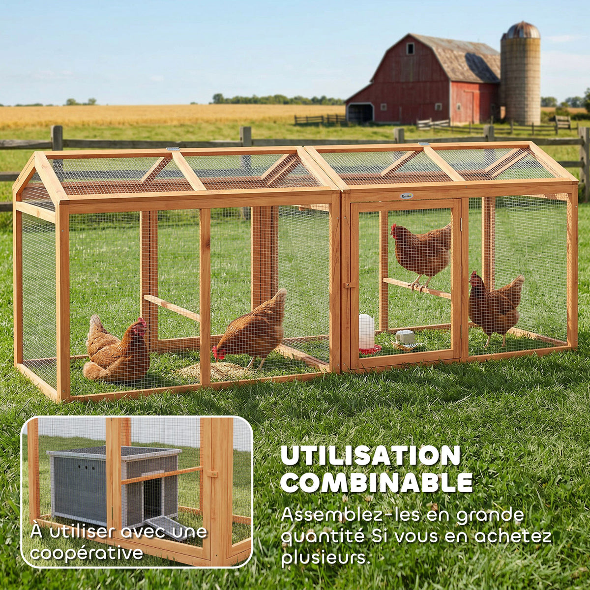 Enclos Poulailler en Bois avec Perchoir et Doubles Portes, Poulailler modulable pour jardin 104 x 70,5 x 84 cm, Orange