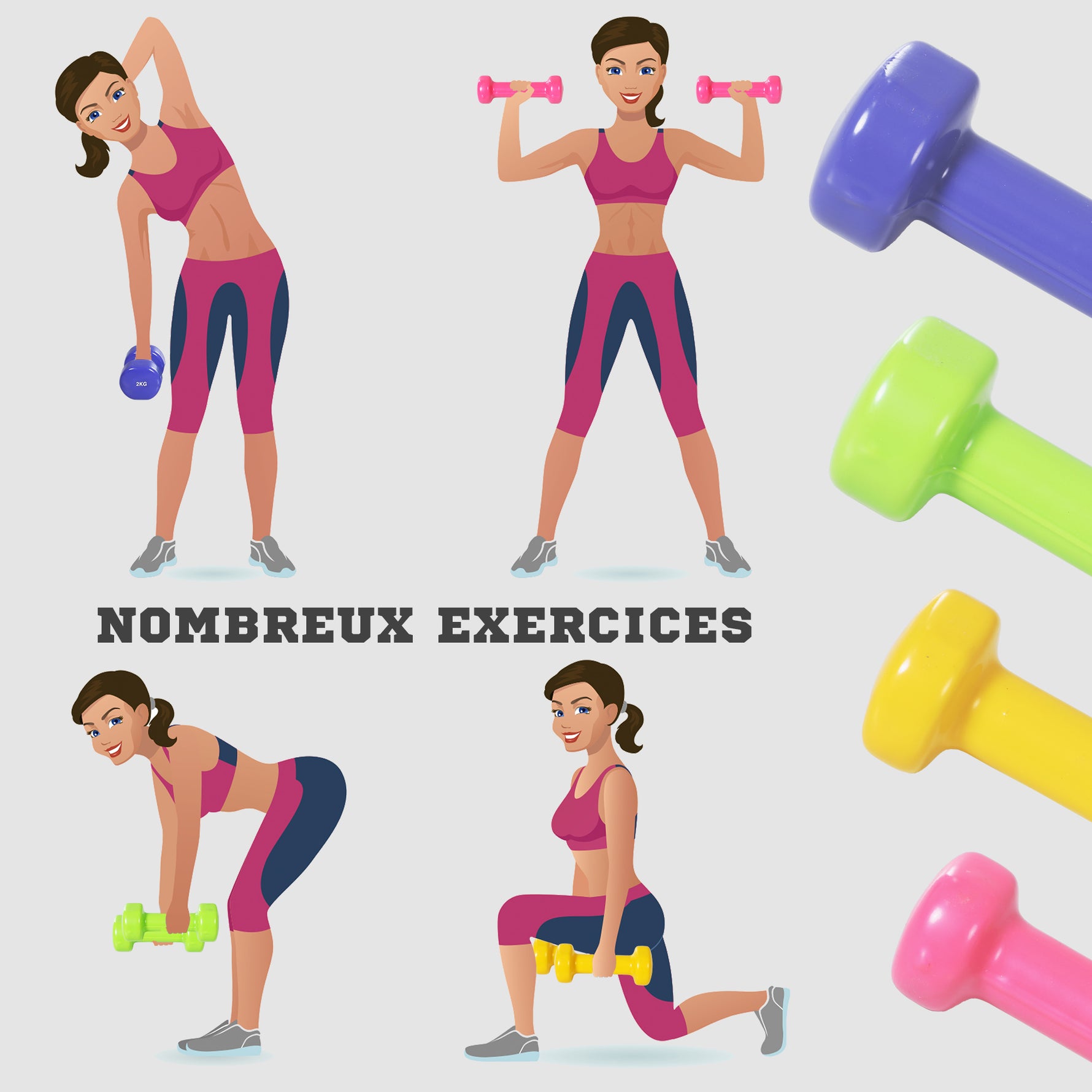 Ensemble d'haltères courtes total 10 Kg - paires de 0,5/1/1,5/2 Kg avec malette - entraînement musculaire & haltérophilie - métal PU rose, jaune, vert, violet