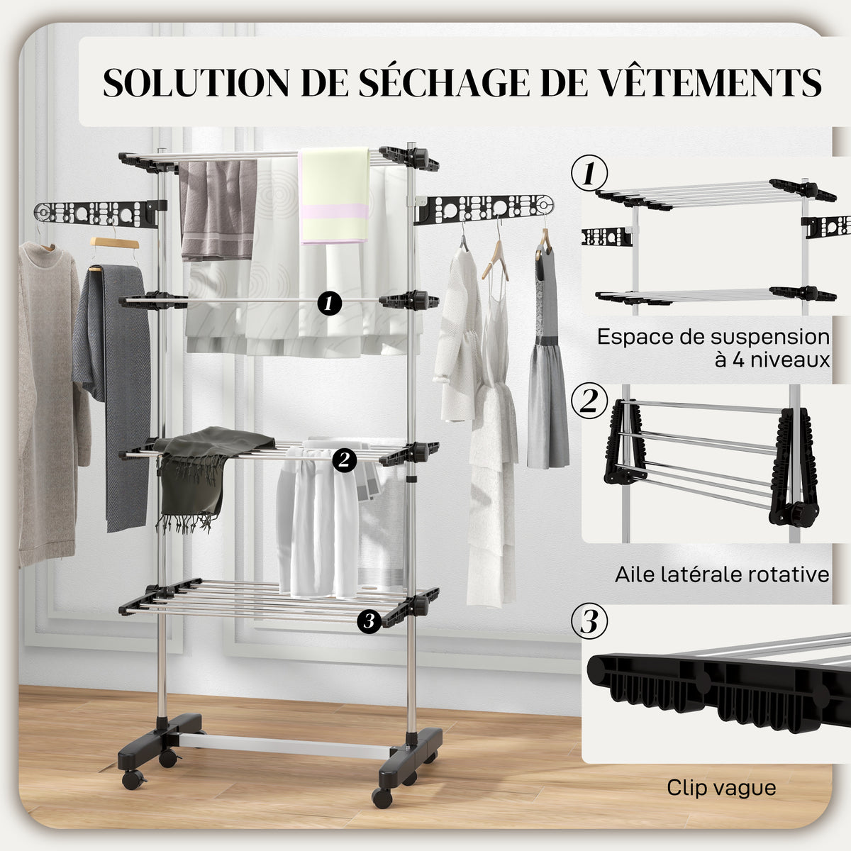 Folding laundry drying rack with side wings for indoor and outdoor use, 142 x 55 x 172 cm, 4 tiers, black