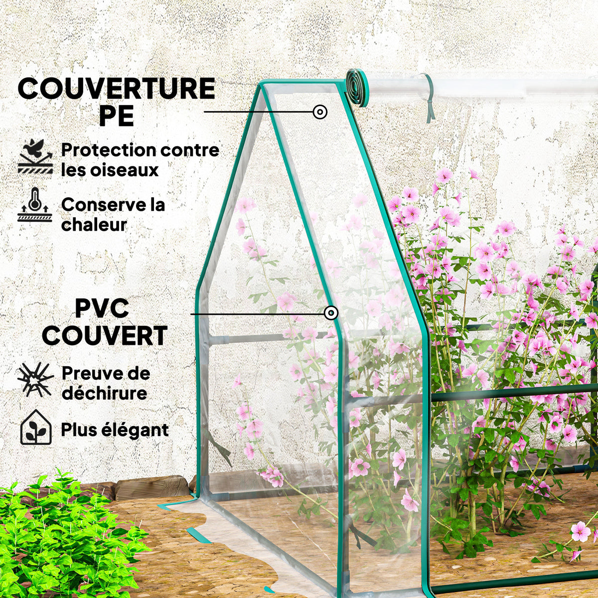 Mini Serre de Jardin mini serre tunnel 4 fenêtres avec Zip enroulables Acier PE 140 g/m² Anti-UV 360x90x90cm Transparent