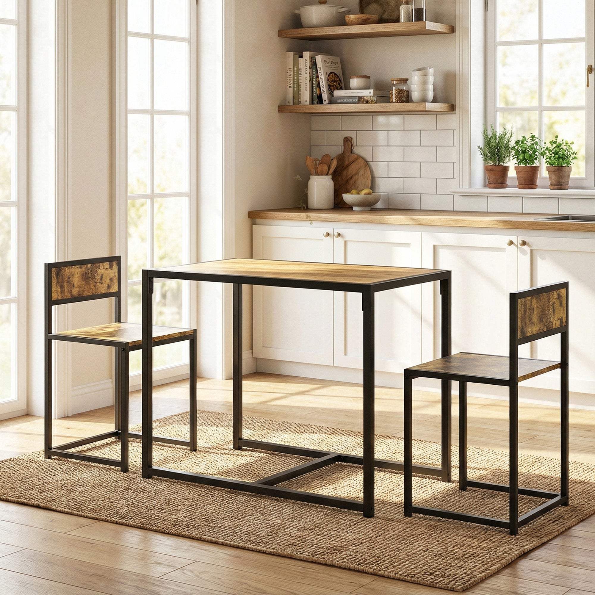 Table and chairs set, 3-piece dining table with 2 nestable chairs, for kitchen living room home, brown
