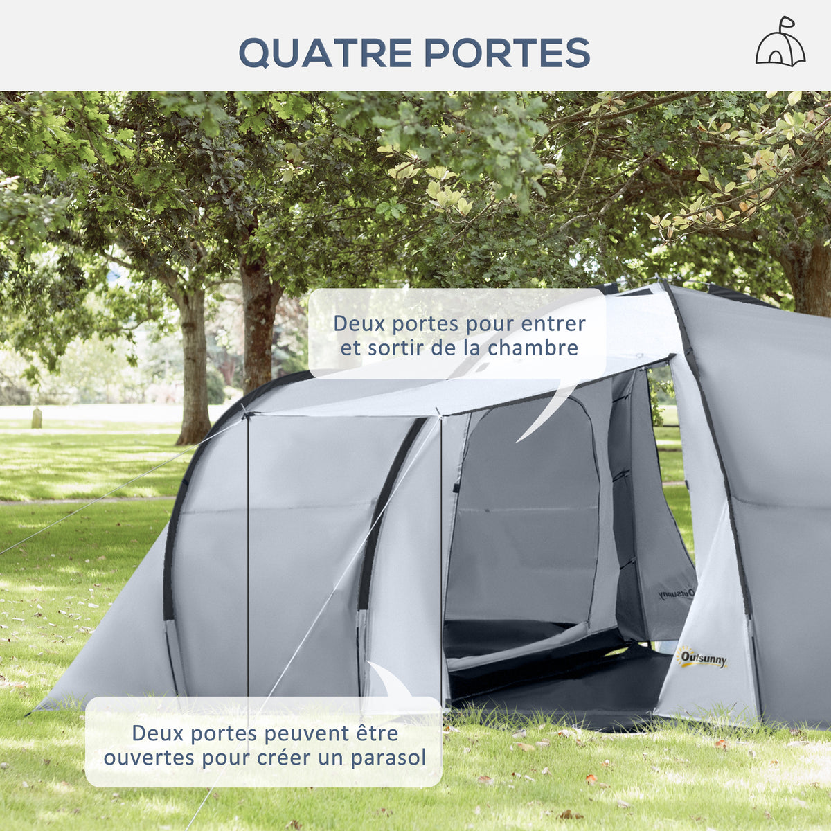 Tente de camping familiale 4 personnes dôme 2 chambres 1 séjour et 1 auvent anti-UV Imperméable 2000 mm multicolore