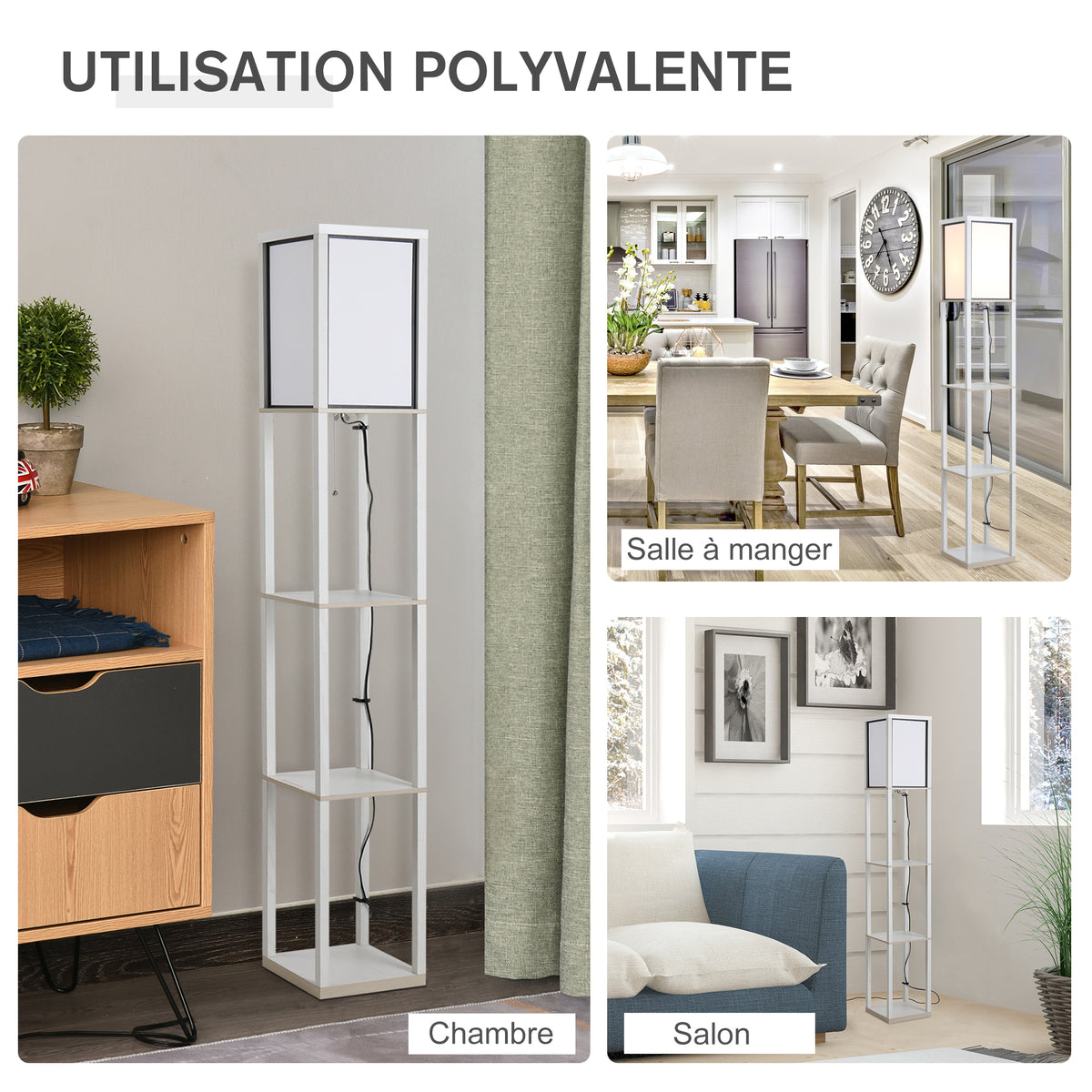 Shelf floor lamp 26L x 26W x 160H cm 3 shelves 4 levels White MDF