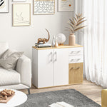 Buffet, meuble de rangement avec 3 portes, 2 tiroirs et étagère réglable, 90 x 30 x 75,5 cm, blanc et bois naturel