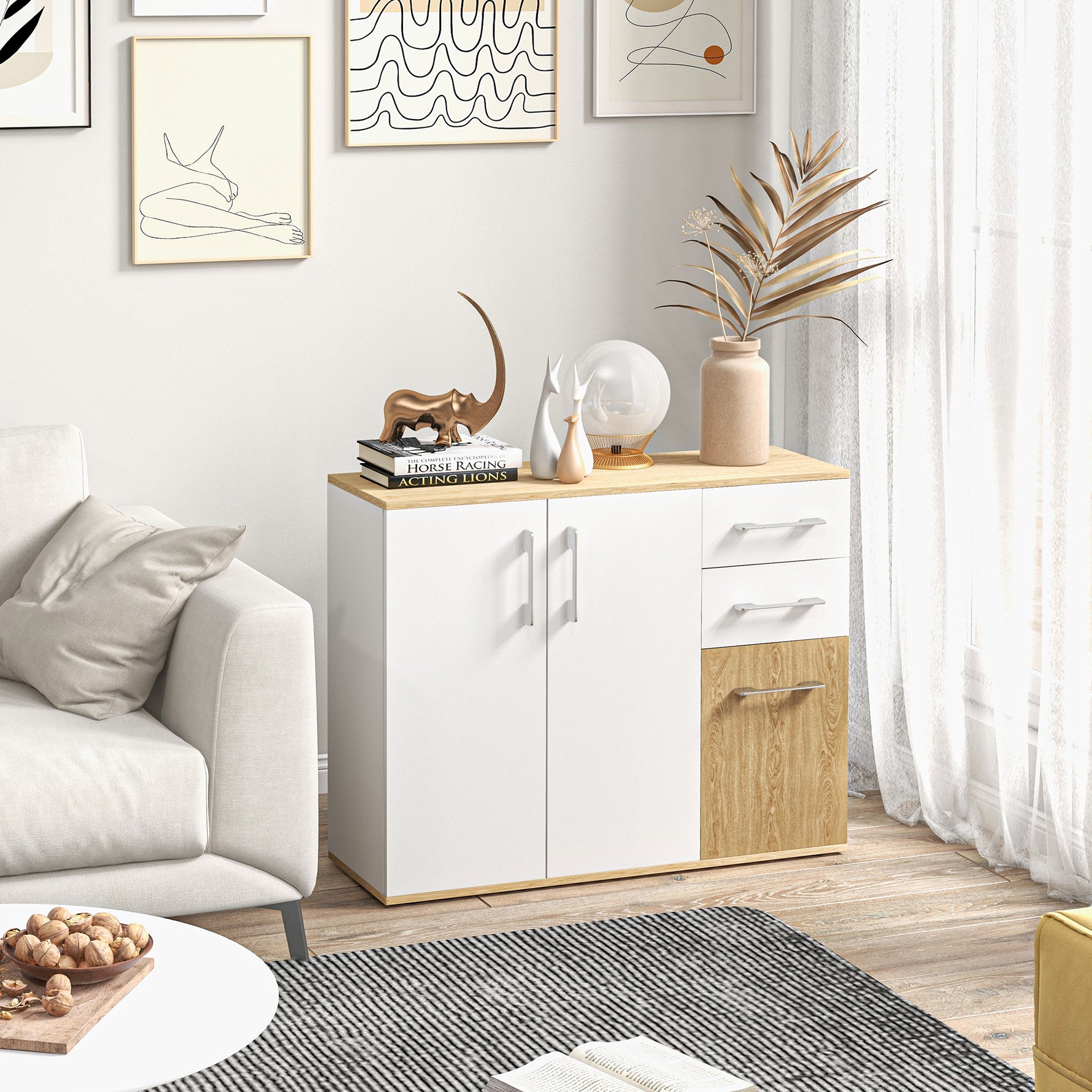 Buffet, meuble de rangement avec 3 portes, 2 tiroirs et étagère réglable, 90 x 30 x 75,5 cm, blanc et bois naturel