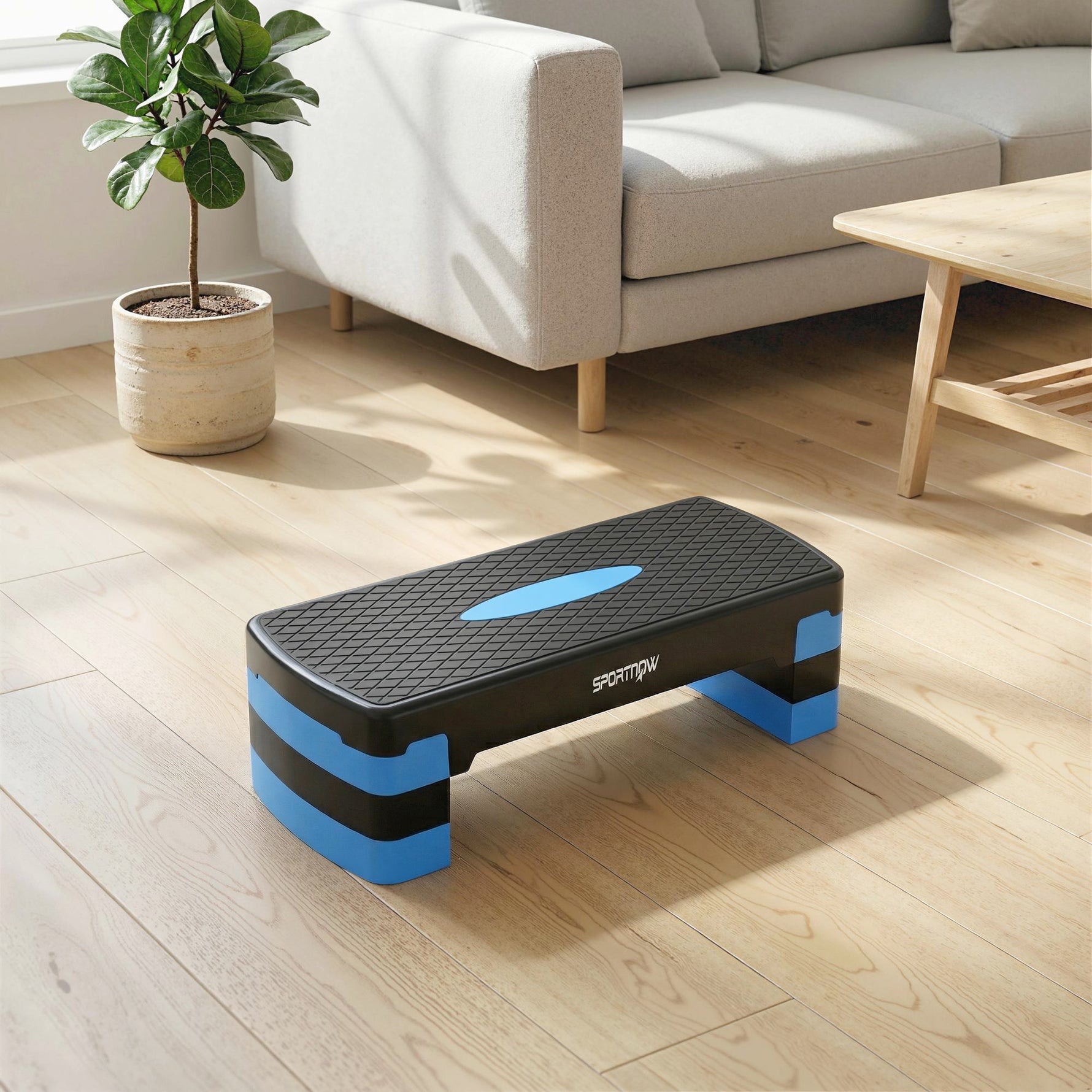 Stepper Fitness Aérobic 3 Niveaux, Hauteur Réglable 10/15/20 cm avec Rehausses, Surface Antidérapante, 68x29x20cm, Bleu