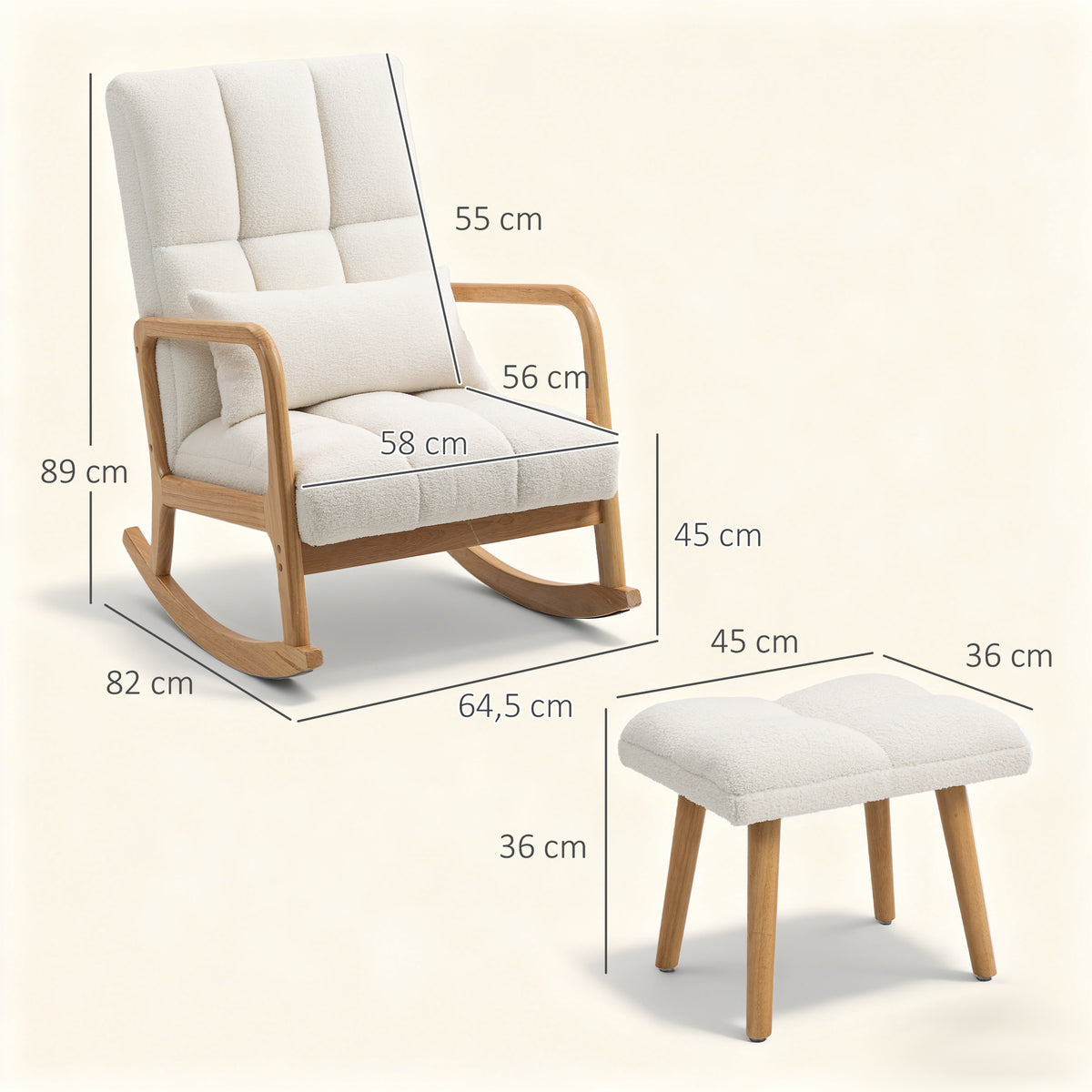 Poltrona a dondolo con poggiapiedi, sedia a dondolo in tessuto bouclé, gambe in legno, 64,5 x 82 x 89 cm, bianco