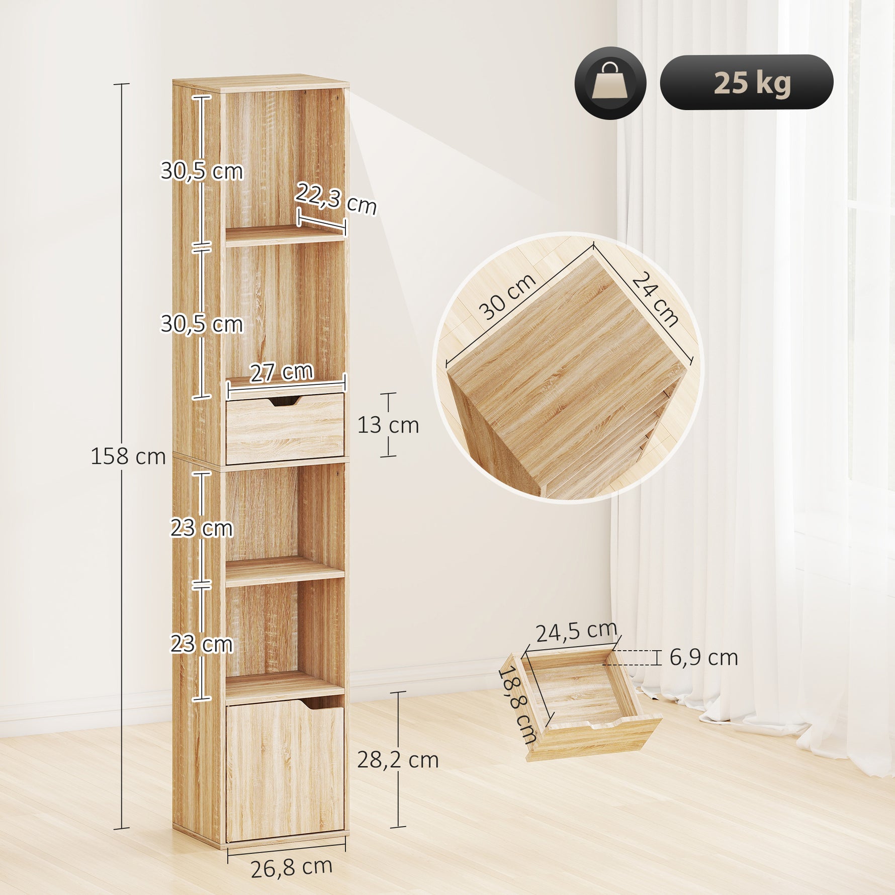 Bibliothèque, étagère à livres, meuble de rangement avec tiroir placard compartiments ouvertes, 30 x 24 x 158 cm naturel