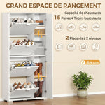 Meuble à chaussures 16 paires armoire à chaussures 4 tiroirs rabattables 2 portes en miroir étagères réglables blanc