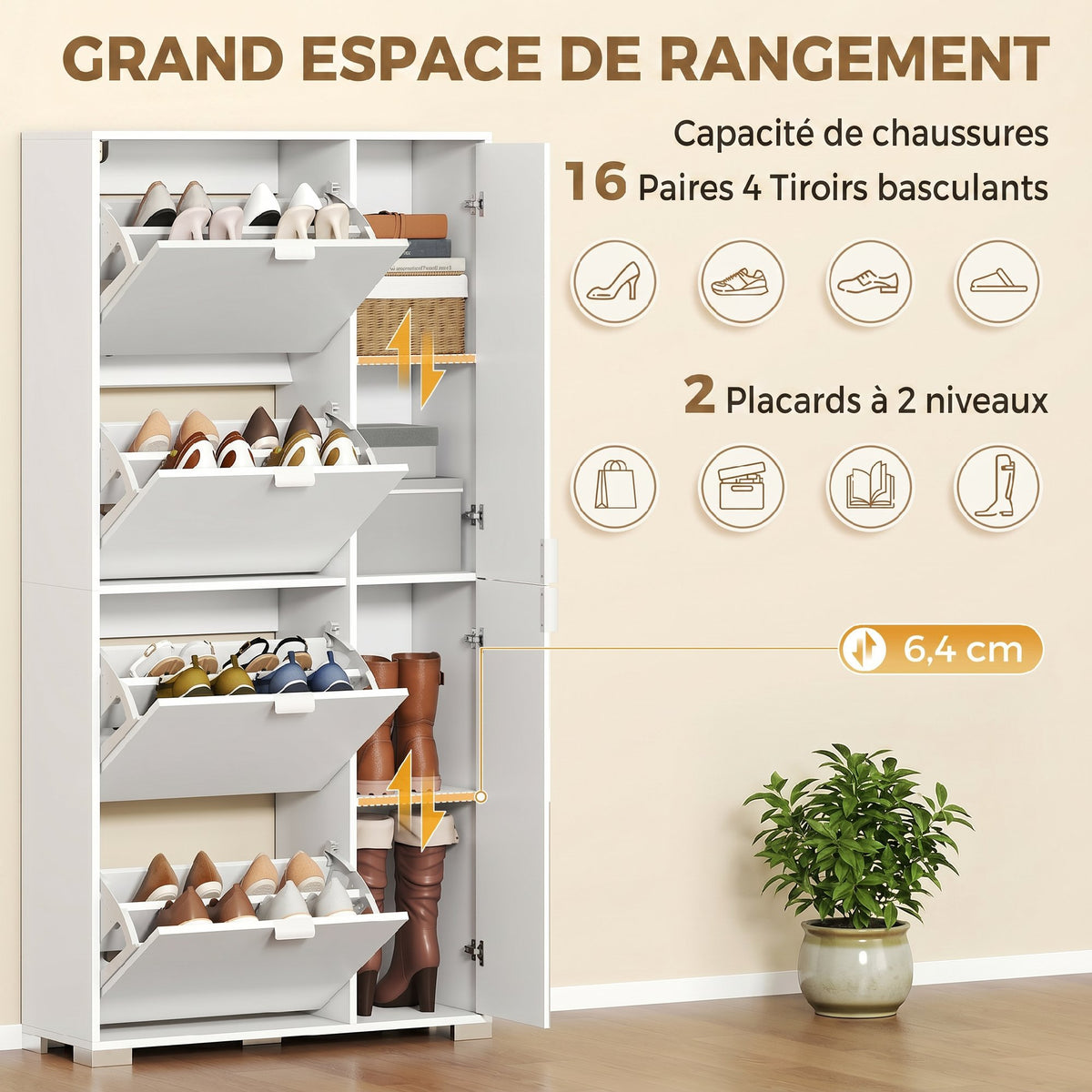 Meuble à chaussures 16 paires armoire à chaussures 4 tiroirs rabattables 2 portes en miroir étagères réglables blanc