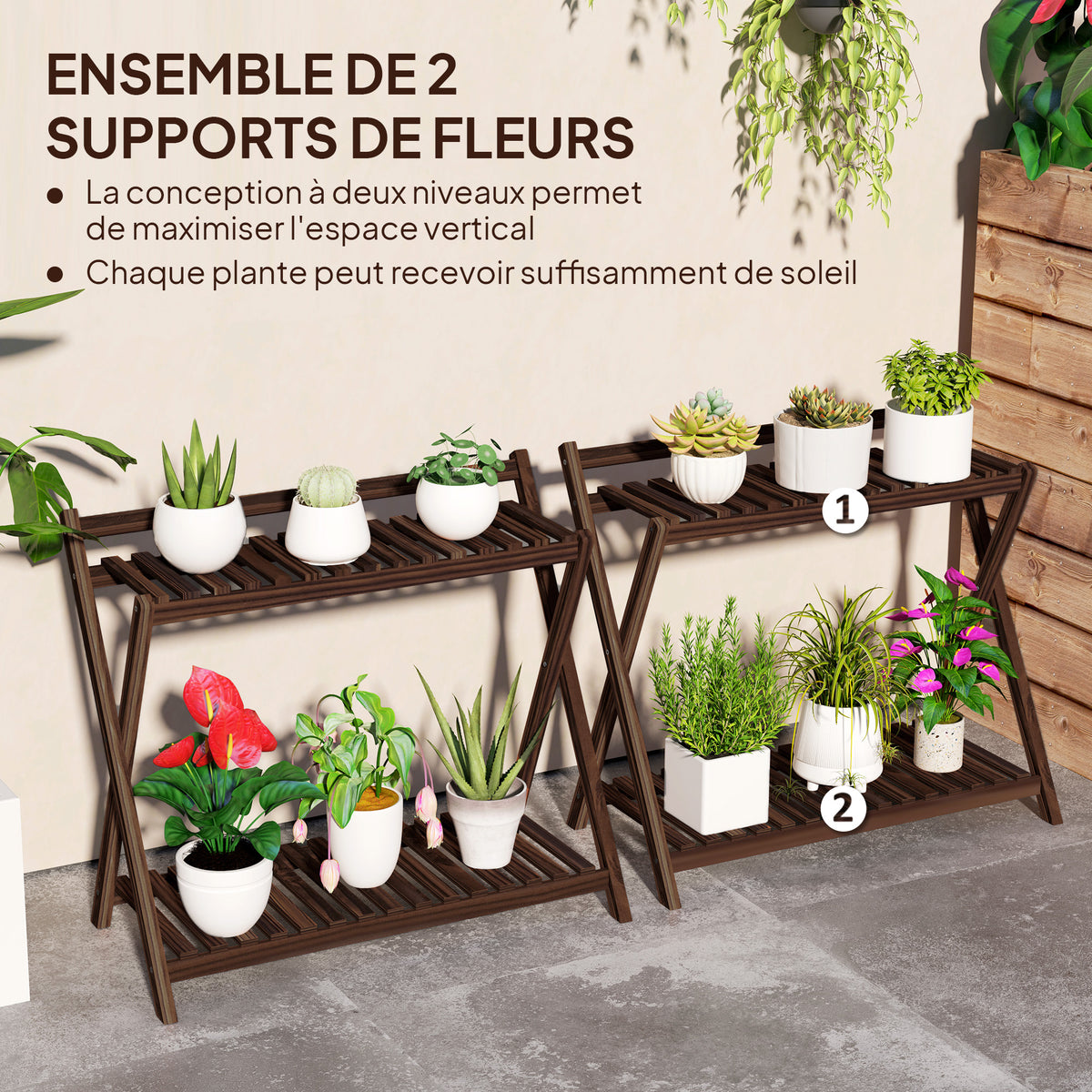 Lot de 2 support plantes intérieur 2 niveaux étagères à plants avec support arrière 73 x 36 x 64 cm marron
