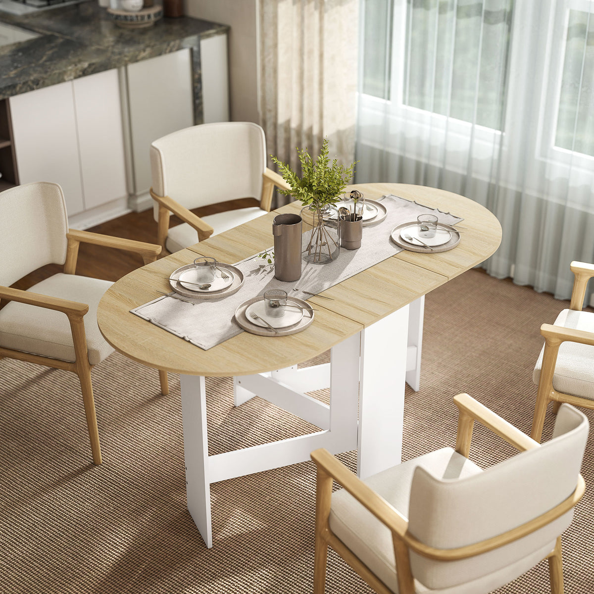 Inklapbare eettafel, ovale keukentafel inklapbaar voor maximaal 6 personen, voor kleine ruimtes, eetkamer, naturel hout