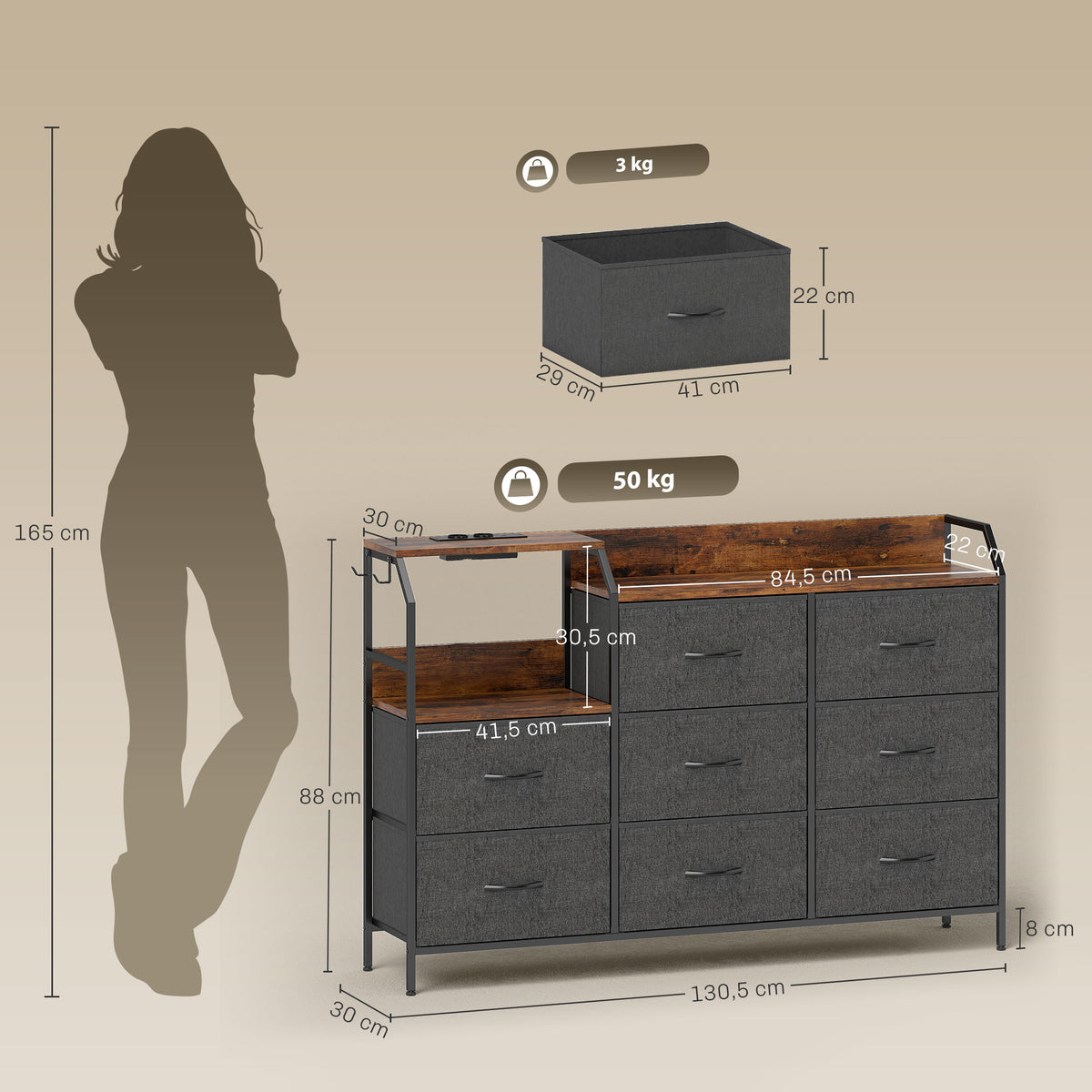 Commode, meuble de rangement avec station de recharge, 8 tiroirs en tissu, étagère ouverte, 130,5x30x88cm, marron
