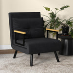 Fauteuil convertible 4 en 1 lit 1 place dossier 5 positions, accoudoirs en bois et coussin, tissu effet velours, noir