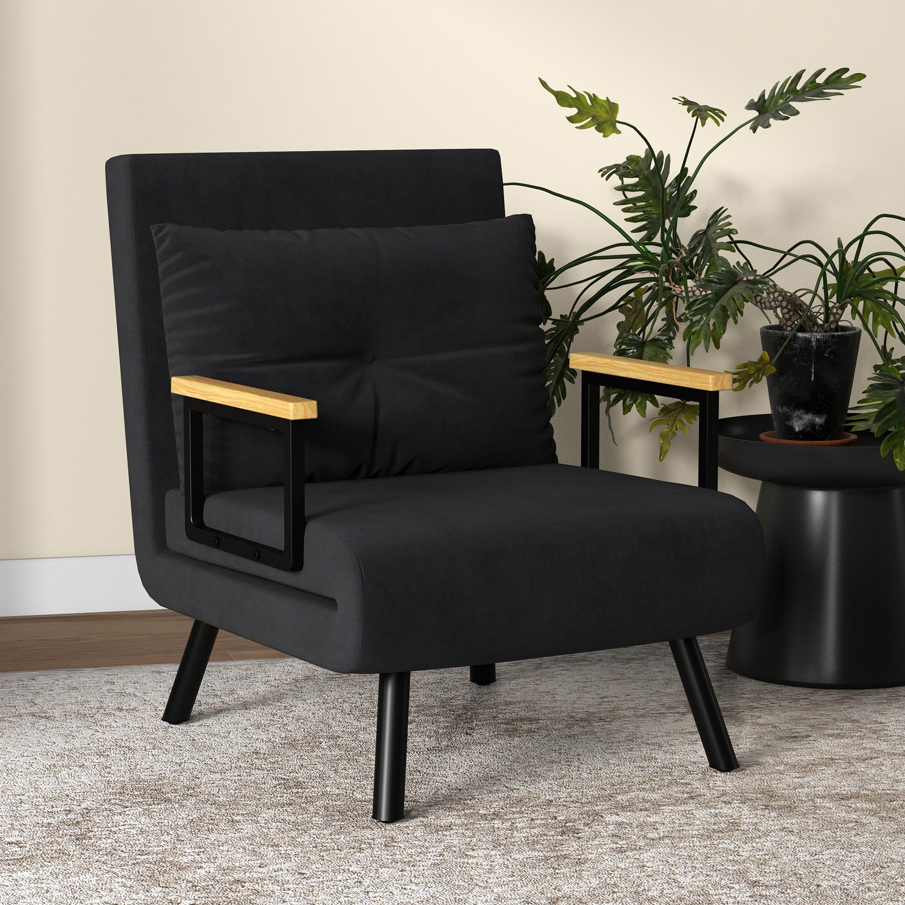 Fauteuil convertible 4 en 1 lit 1 place dossier 5 positions, accoudoirs en bois et coussin, tissu effet velours, noir