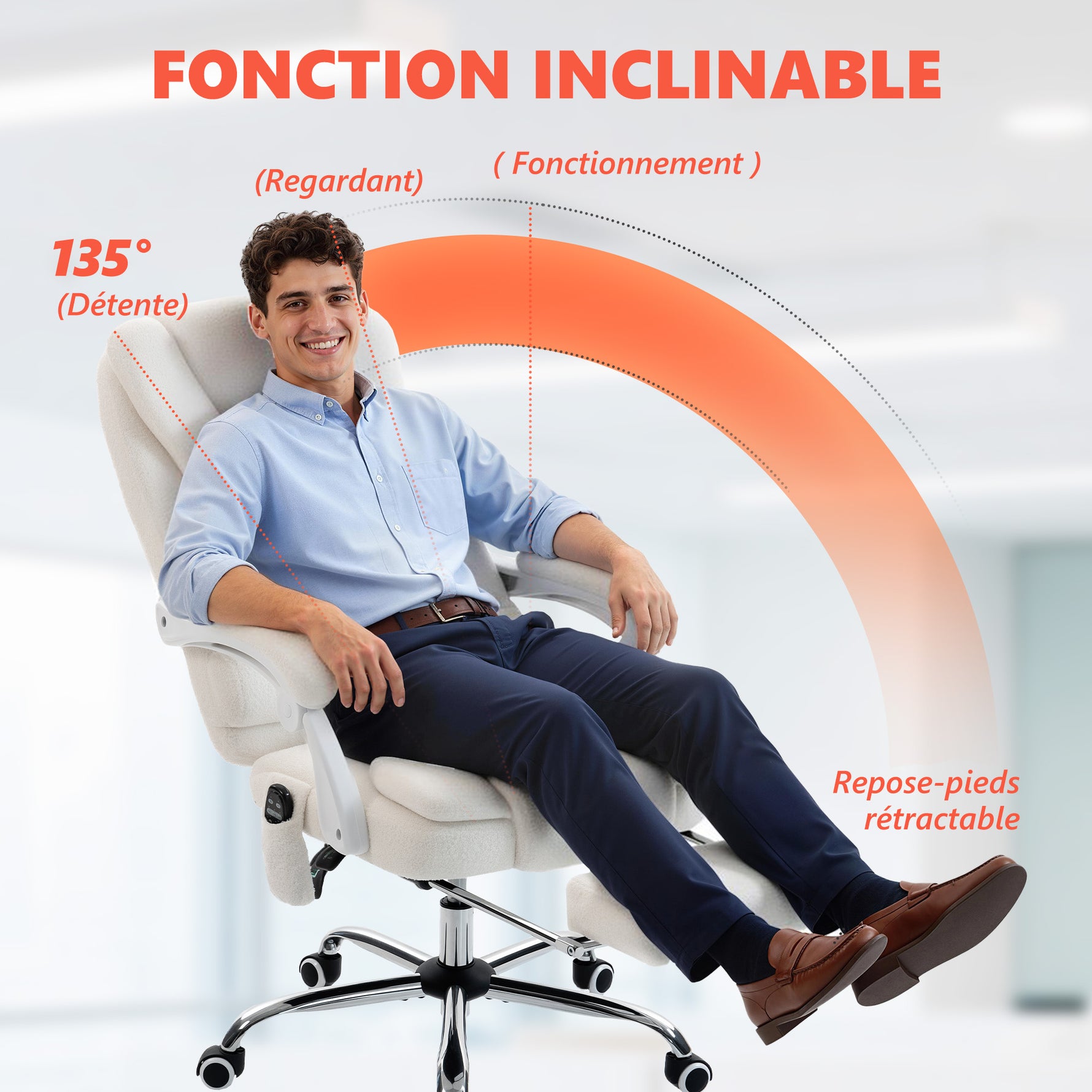 Fauteuil de bureau direction massant chauffant hauteur réglable dossier inclinable toile de lin blanc