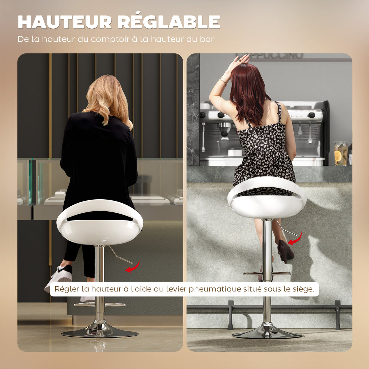 Lot de 2 tabourets de bar chaises de bar hauteur réglable dossier et repose-pieds pivotant à 360° 46x41x76-96cm blanc