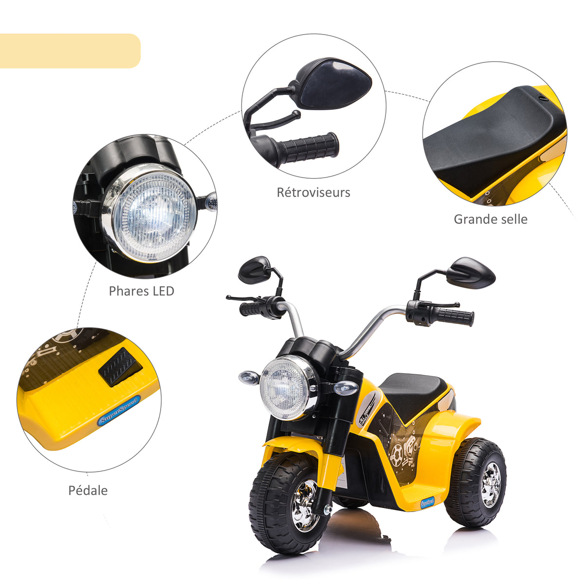 Moto électrique Enfant Chopper Tout-Terrain 6 V 20 W Marche AV AR 3 Roues Effets Lumineux et sonores Jaune Noir
