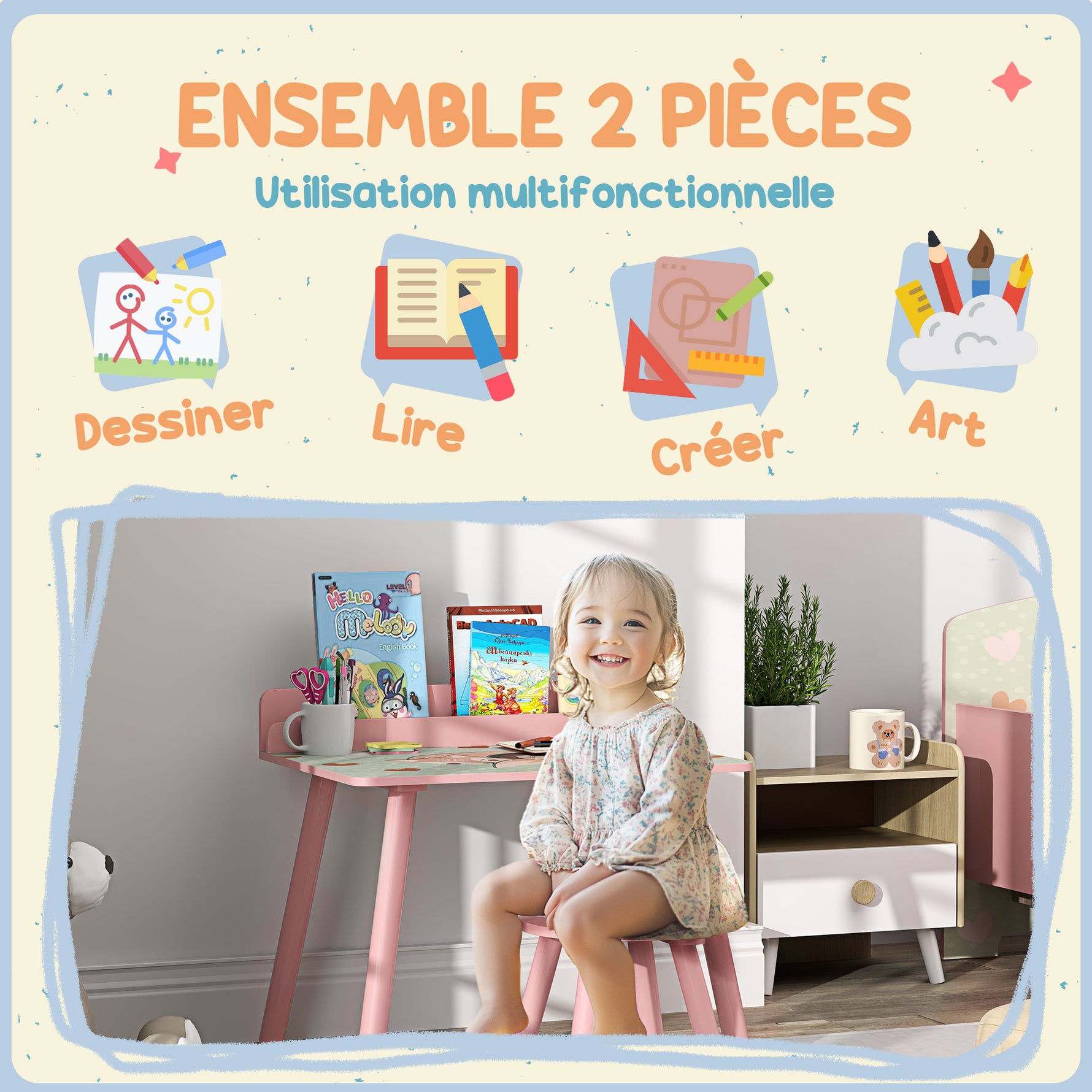 Ensemble table et chaise enfant table pour enfant avec chaise avec porte-livres motifs d'ours pour enfants 3-8 ans rose