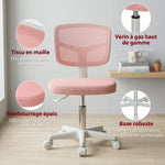Chaise de Bureau Ergonomique Sans Accoudoirs, Fauteuil de Bureau Pivotant, Dossier Courbé en Maille et Roulettes, Rose