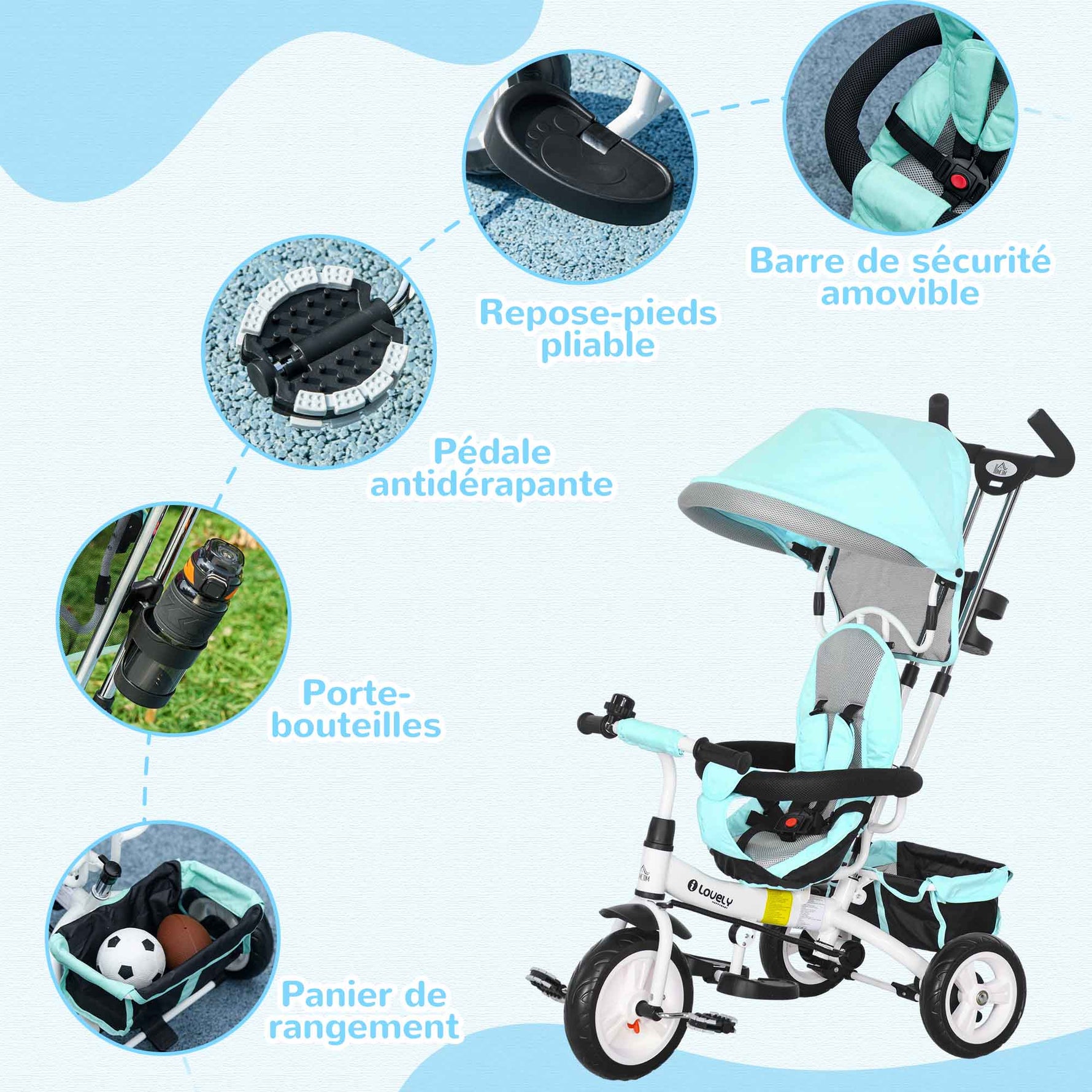 Tricycle 6 en 1 pour enfants, auvent, ceinture de sécurité 5 points, rangement, repose-pieds, frein, 1-5 ans, vert