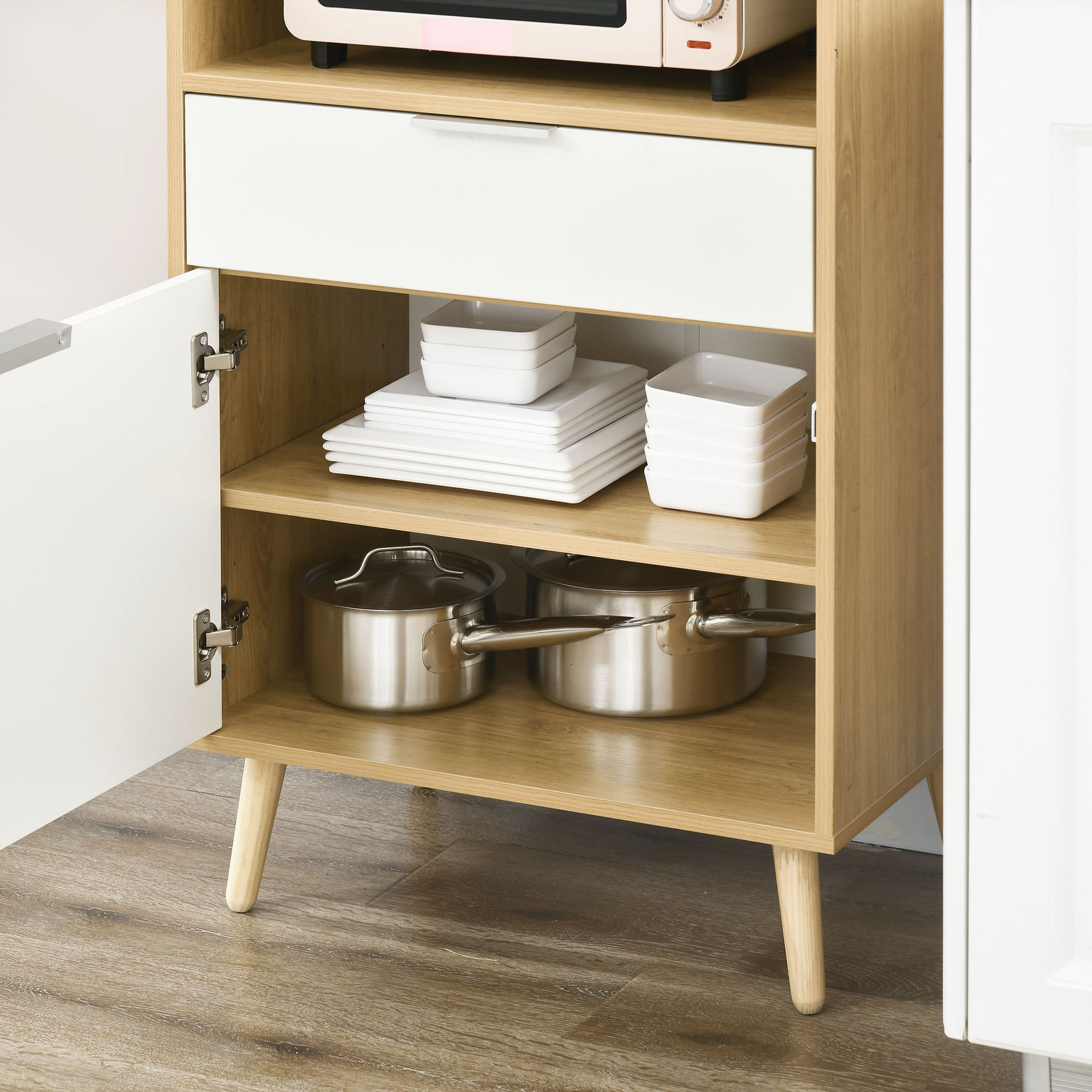 Meuble desserte de cuisine pour micro-ondes avec placard tiroir étagère réglable 58 x 40 x 118 cm naturel et blanc