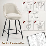 Lot de 2 tabourets de bar en tissu velours côtelé, chaises de bar avec dossier courbé, repose-pieds, 49x52x88cm, crème