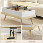 Table Basse Relevable avec 3 Compartiments Cachés, Table de Salon Moderne, Pieds en Bois, 100x79x54cm, Naturel Blanc