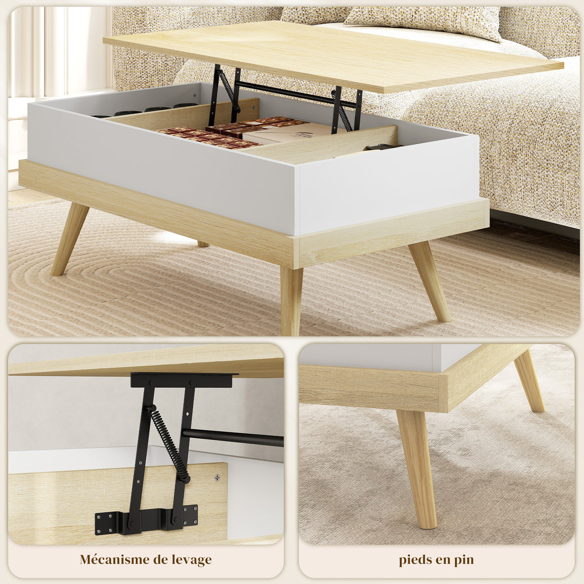 Table Basse Relevable avec 3 Compartiments Cachés, Table de Salon Moderne, Pieds en Bois, 100x79x54cm, Naturel Blanc