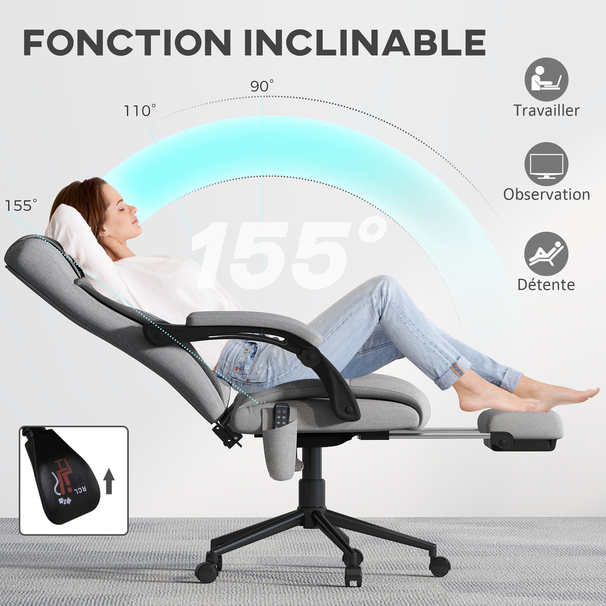 Chaise de bureau de massage chauffante réglable en hauteur de 116-124 cm ergonomique inclinable tissu effet lin, gris
