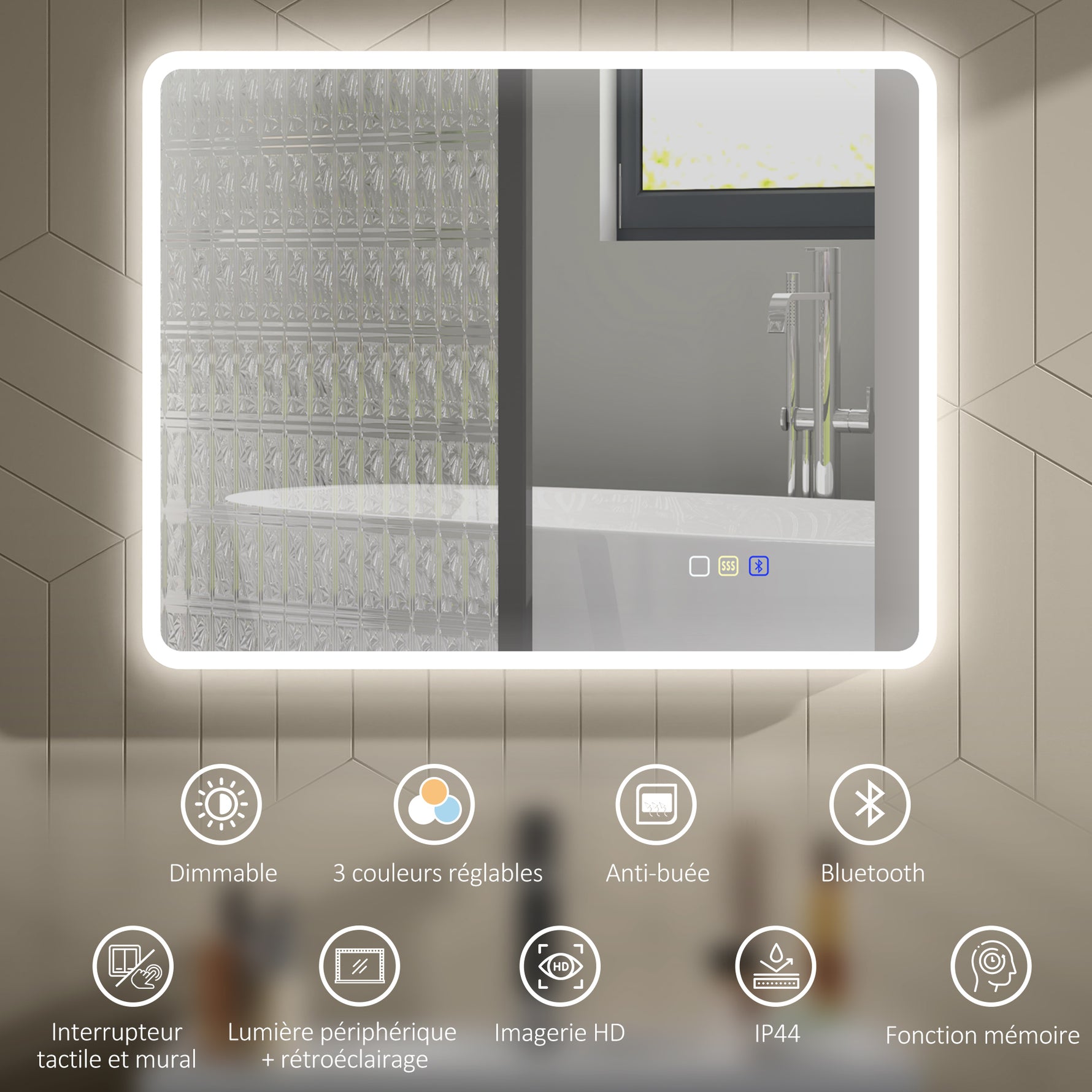 Miroir salle de bain LED bluetooth 70 x 90 cm interrupteur tactile lumière réglable 3 couleurs anti-buée mémoire argent