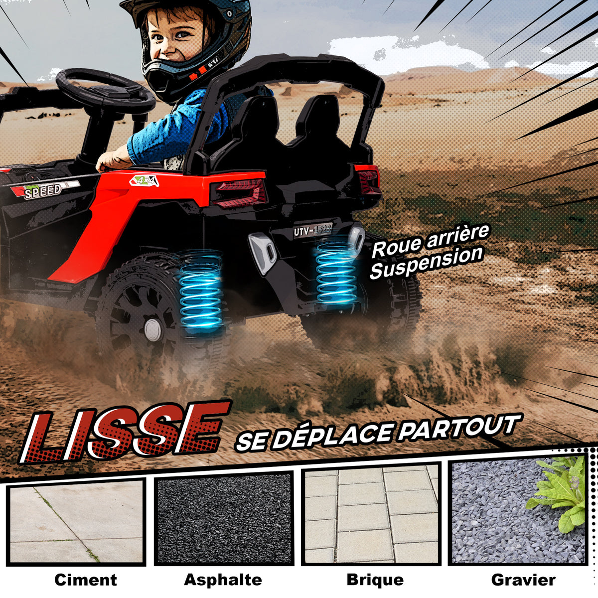 Voiture électrique enfant UTV, buggy électrique enfant 12V 2 moteurs, télécommande, LED, musique, klaxon, 3-8 ans, rouge
