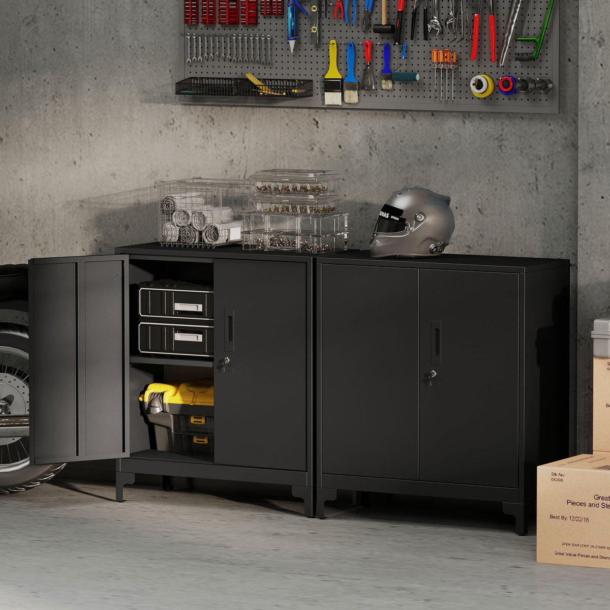 Büroschrank mit 2 Ebenen, Metall-Büroaufbewahrung mit 2 abschließbaren Türen, 80 x 35 x 91 cm, schwarz