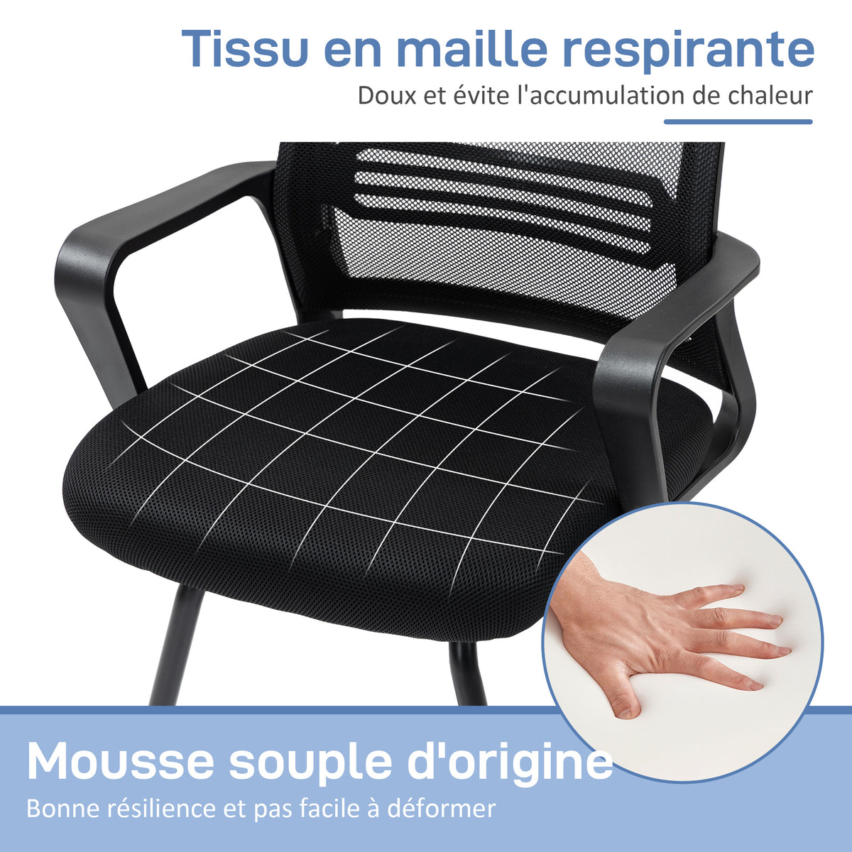 Chaise de bureau en maille sans roulettes, base en traîneau, pour salle de conférence, attente, réception, noir