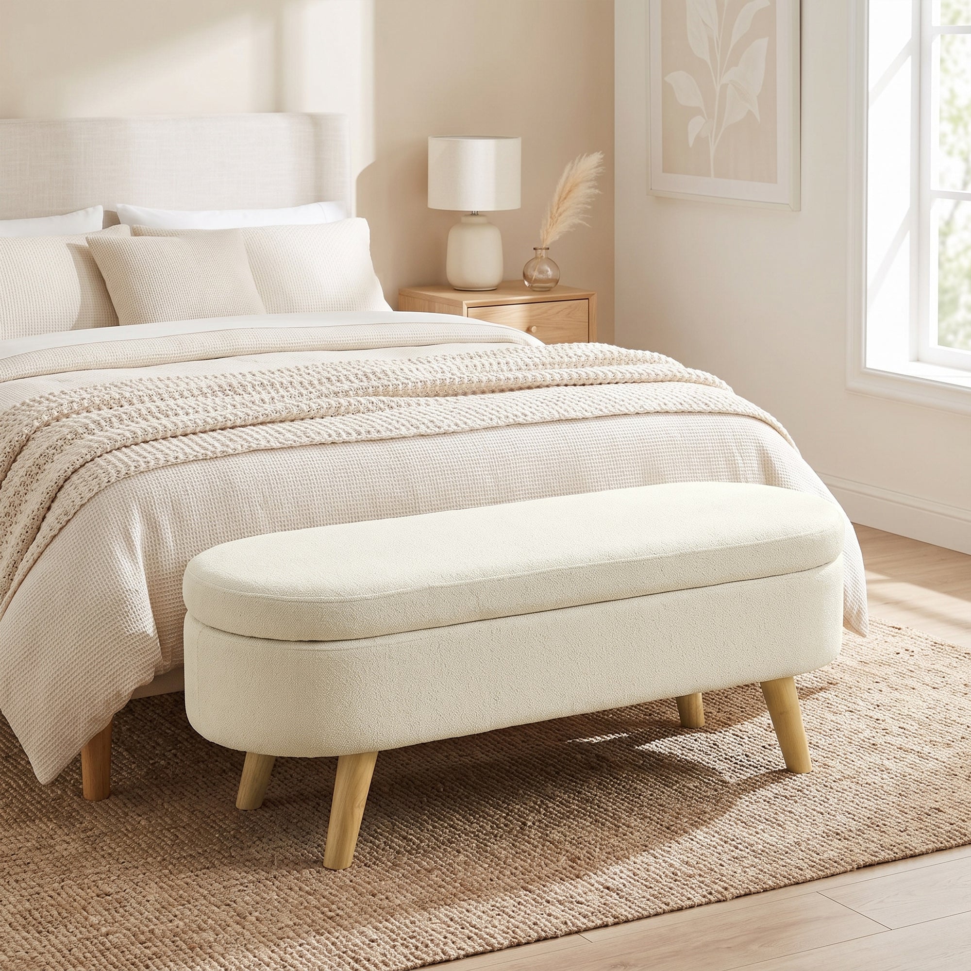 Sitzbank, Bettbank, 2-in-1-Aufbewahrungstruhe aus Stoff mit Holzfüßen, 110L x 40T x 43H cm, Creme
