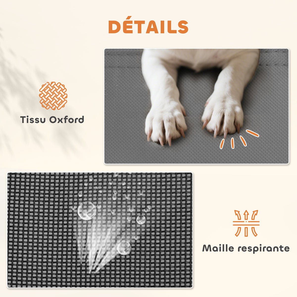 Lit Chien Sureleve avec Parasol, Lit de Camp Chien Chat sur Pieds Tissu Oxford Respirant, Anti-UV Cadre en Métal Sac de Transport Inclus Couchage Extérieur pour Chat 122 x 92 x 108 cm Gris Noir