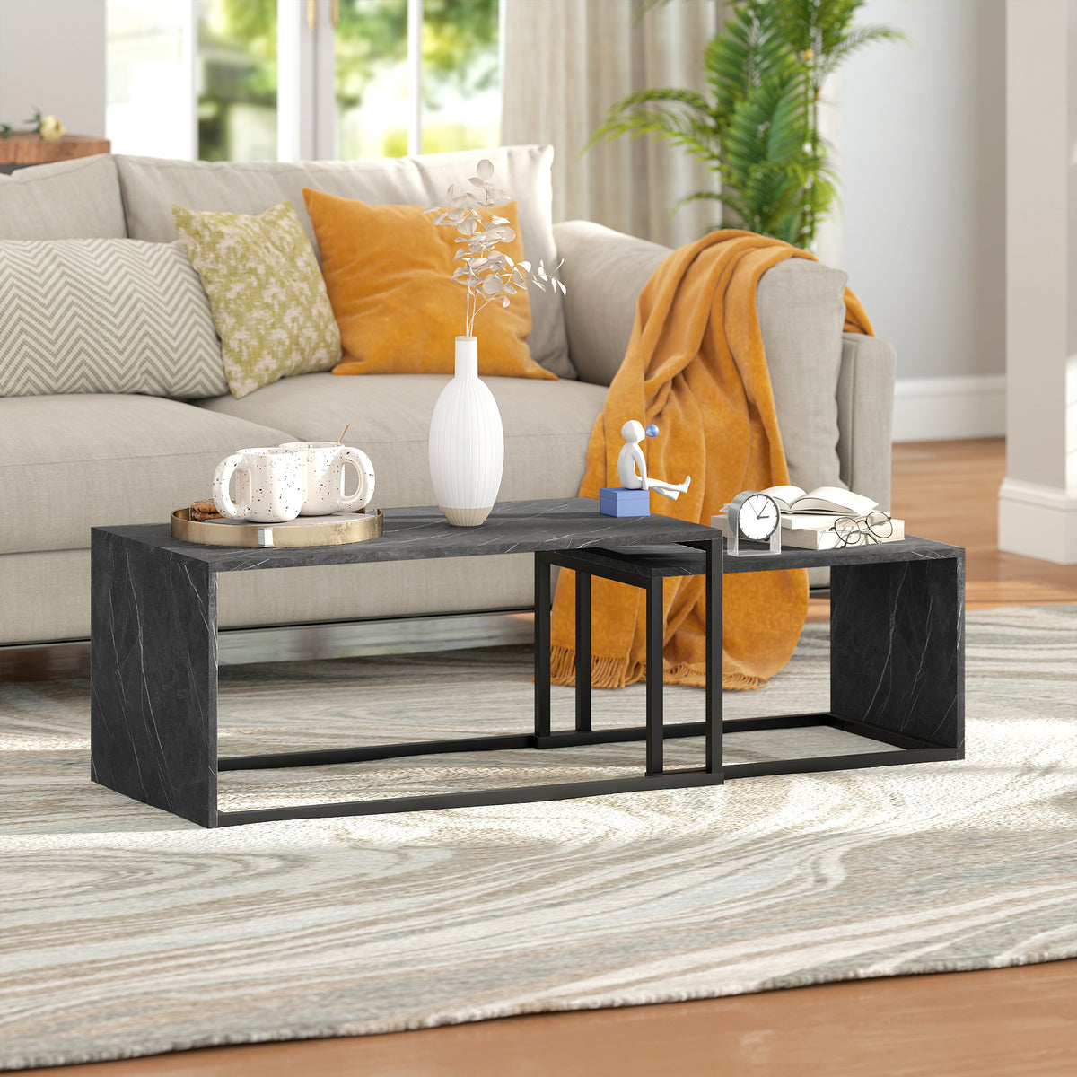 Lot de 2 tables basses gigognes design industriel encastrable en métal noir et effet marbre gris foncé