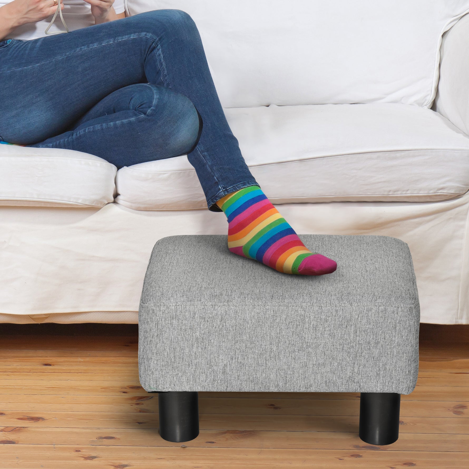 Lot de 2 poufs repose-pied tabouret bas en tissu de lin capacité de charge 150 Kg 40 x 30 x 24 cm gris