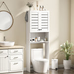 Meuble WC dessus de toilette/machine à laver avec placard à porte double, portes à persiennes, 67x31,5x190cm, blanc