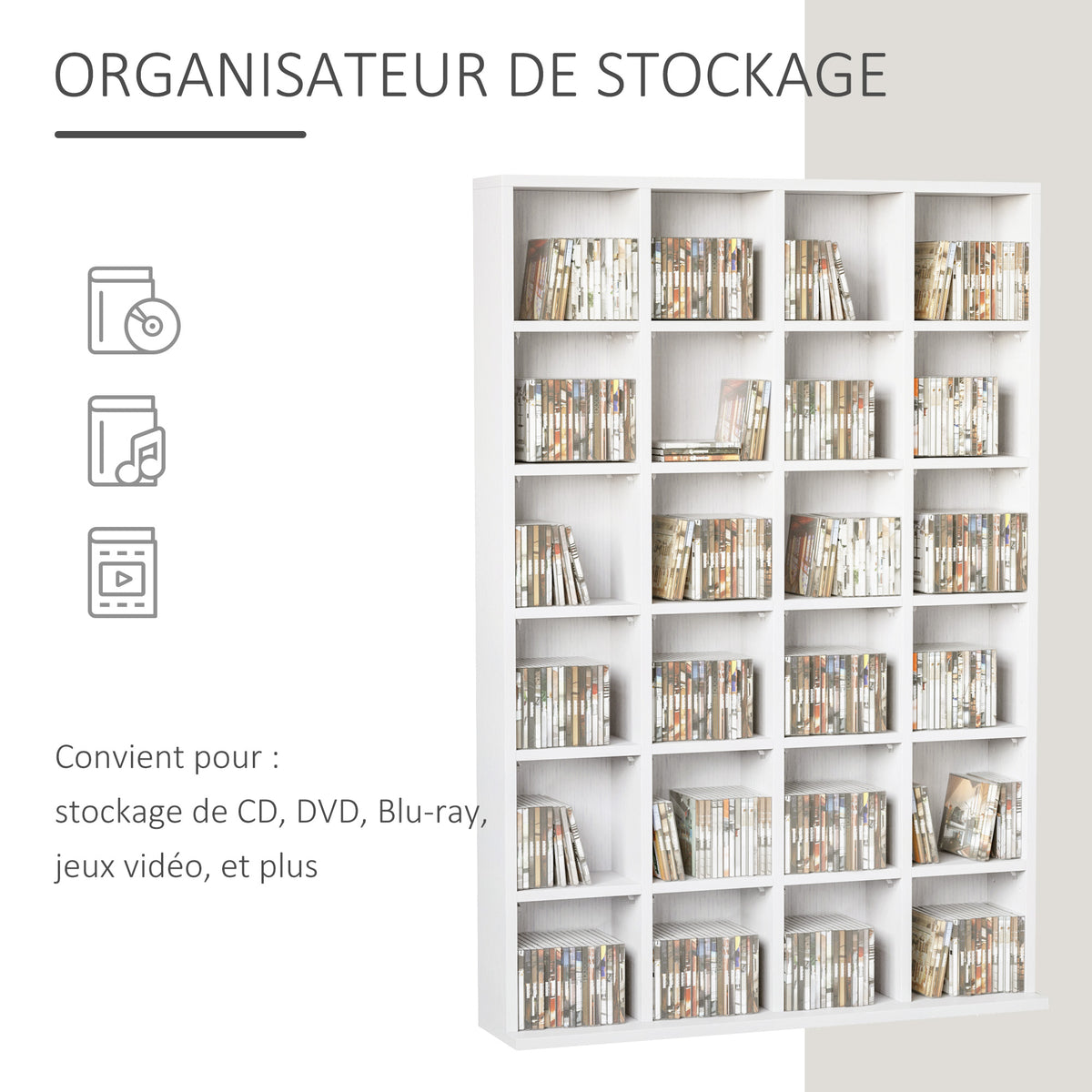 Meuble de rangement multimédia 456 CD/ 336 DVD - bibliothèque en bois avec étagères réglables, 89 x 130,5 cm, blanc