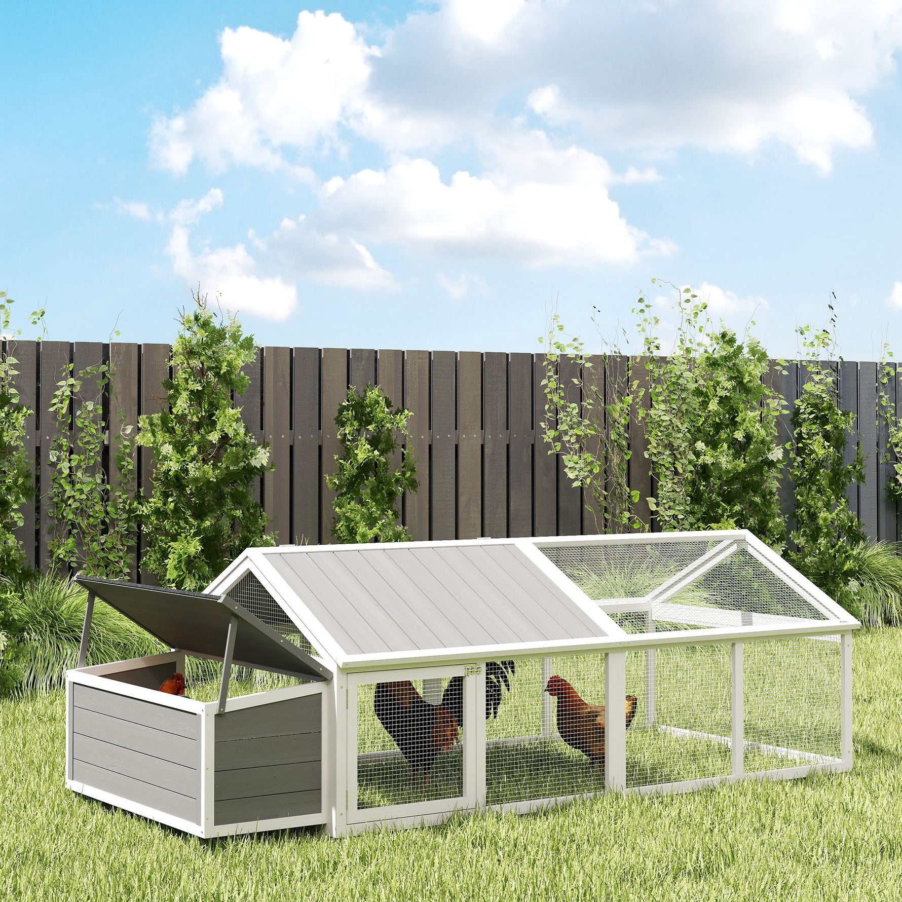 Poulailler pour poules cage à poule avec nichoir porte et toit ouvrable pour 4 et 8 poules 240 x 112,5 x 76 cm blanc