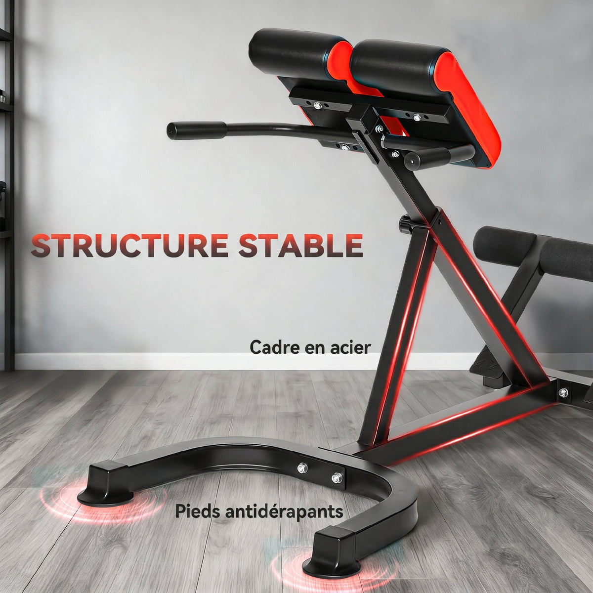 Banc de Musculation Réglable 5 Niveaux, Chaise Romaine avec Rouleaux en Mousse Dense, 112 x 62 x 88 cm, Noir et Rouge